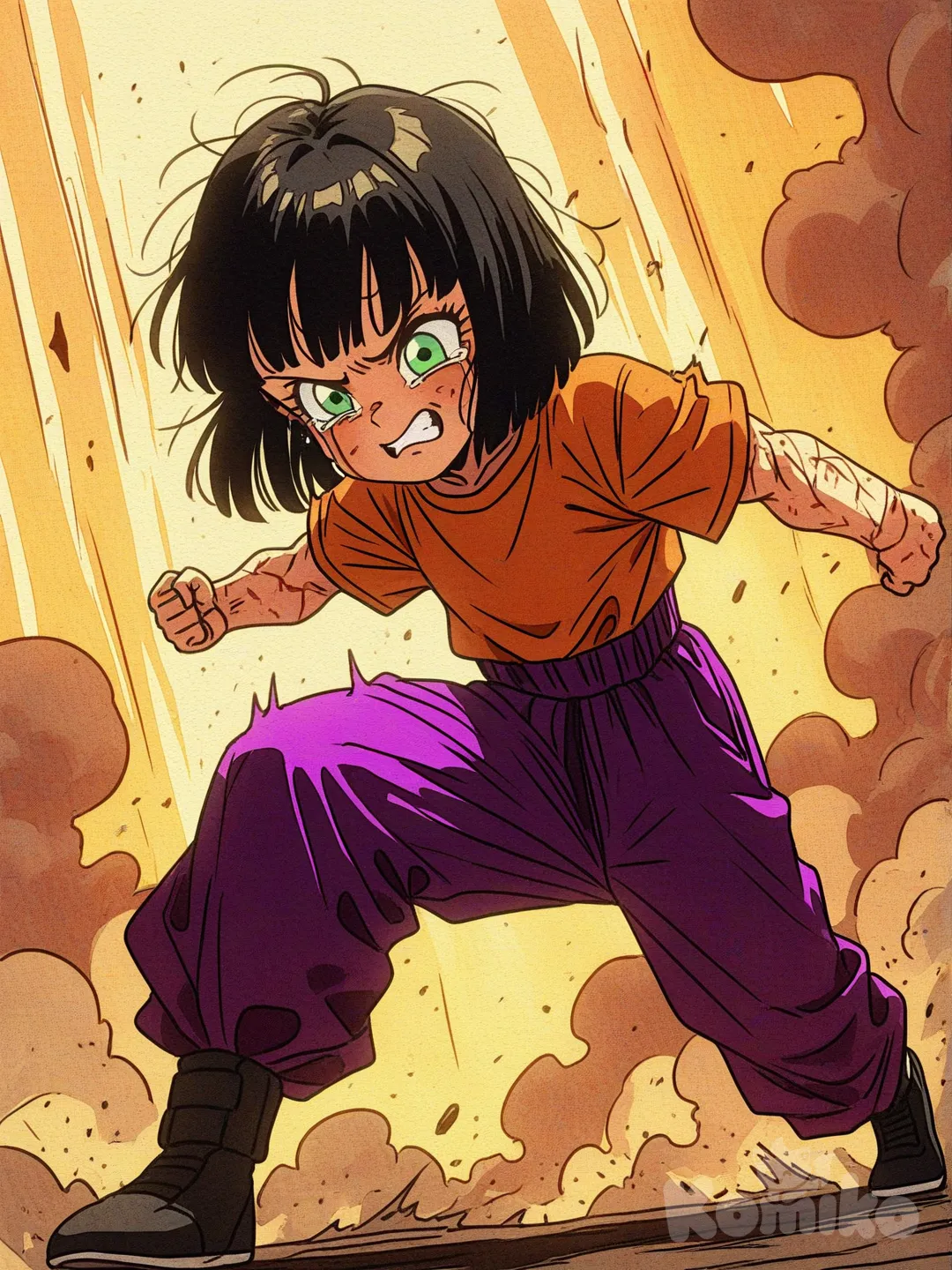 Minha oc para dragonball GT , Gorin menina 11 anos cabelo preto liso curto usa , uma camisa gi laranja escuro , uma calsa gi roxa roxo , e possui calda de Sayajin corpo forte sapato preto, guerreira guerreira, se transformou em super Sayajin cabelos dourados espetados olhos verdes lembrando que ela é uma criança seus olhos cheios de lágrimas quanto sua aura dourada agitada intensamente faz o chão tremer levantando muita fumaça do chão, [action-manga-style]