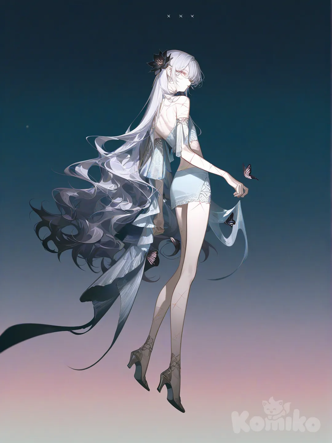 1boy, [high-contrast-glossy-style], mature, slim, androgynous, pale skin, scars, very long hair, white hair, wavy hair, black lily in hair, pale pink eyes, wearing light blue crop top with butterfly sleeves, cream colored lace mini shorts, light blue asymmetrical skirt, long in back short in front, black peep toe heels, dancer scarves, full body, twilight, palace