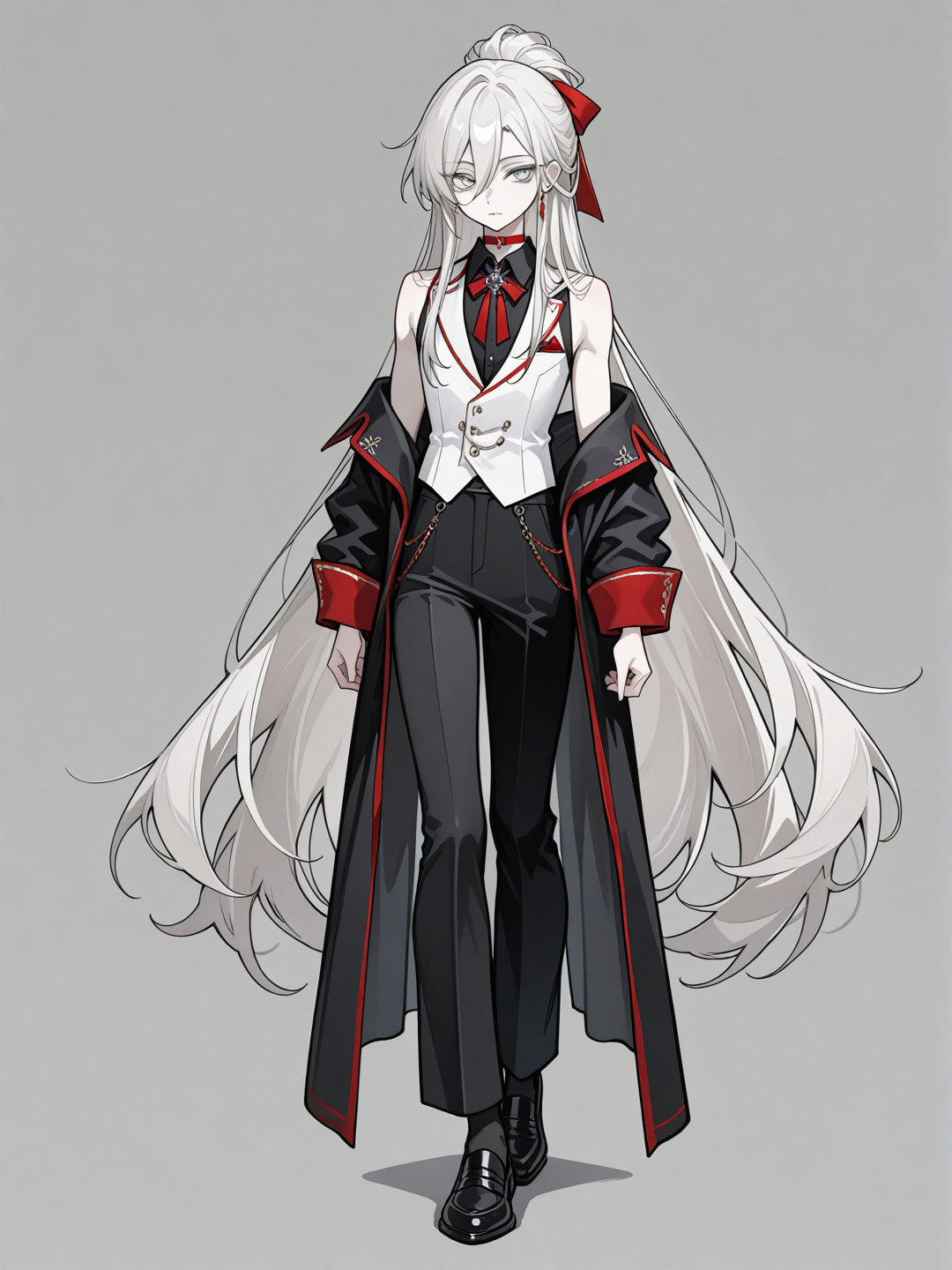 1boy, teenager, Disney animation style, androgynous, slim, fair skin, very long hair, platinum hair, bright silver eyes, wearing a black dress shirt, a white sleeveless sweater vest with red lining, black dress pants, black loafers, a red choker ribbon, hair in an up do