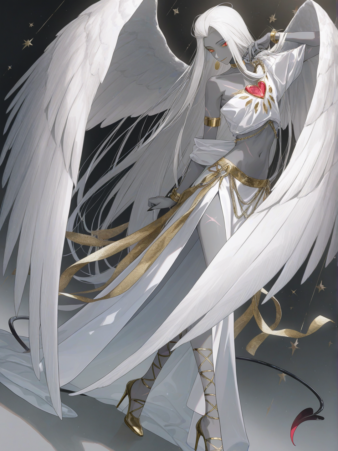 [soft-pastel-style] 1boy, demon, hazbin hotel, mature, slim, soft smile, androgynous, scars, grey skin, yellow sclera, red eyes, very long hair, platinum hair, soft gold duck wings, yellow lip gloss, black claws, long red demon tail, wearing a white one shoulder crop top dancer blouse, a long white skirt, slit skirt, gold lace up heels, gold choker, gold snake shaped bangles