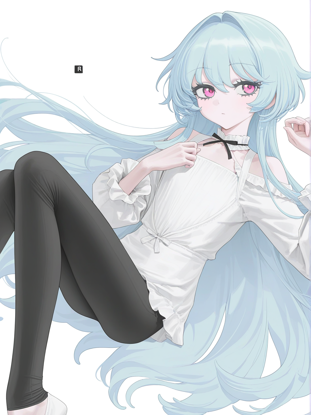 1 boy, teenager, [vibrant-anime-style], androgynous, slim, pale skin, bright pink eyes, very long hair, pale blue hair, wearing black pants, white dancer flats