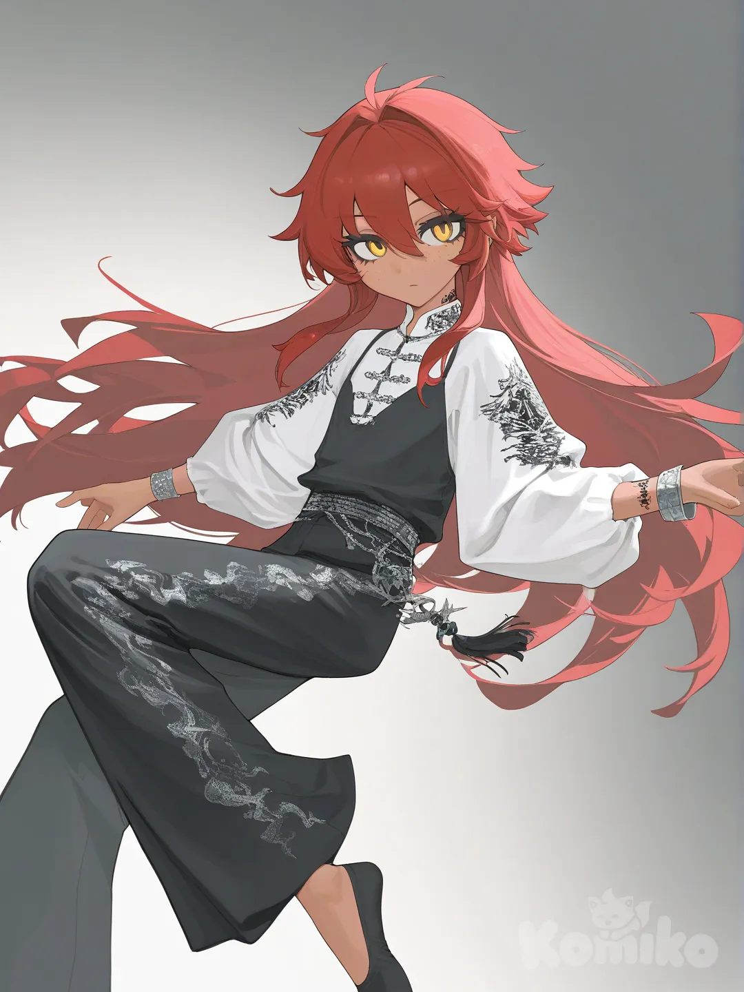 [vibrant-anime-style]1 boy, teenager, androgynous, slim, tan skin, very long hair, scarlet hair, bright gold eyes, freckles, wearing a white dress shirt, black dress pants, grey dancer flats, Raven tattoo on neck, silver bracelet