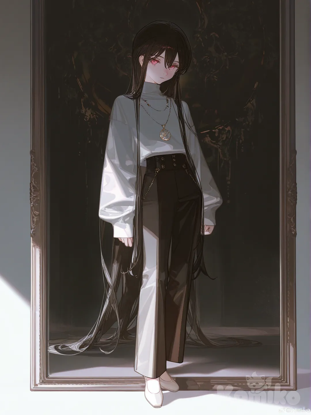 1boy, [dazzling-illustration-style] androgynous, teenager, petite, slim, pale skin, bright pink eyes, very long hair, onyx hair, wearing a soft grey turtleneck shirt, black palazzo pants, white dancer flats, with a mirror necklace