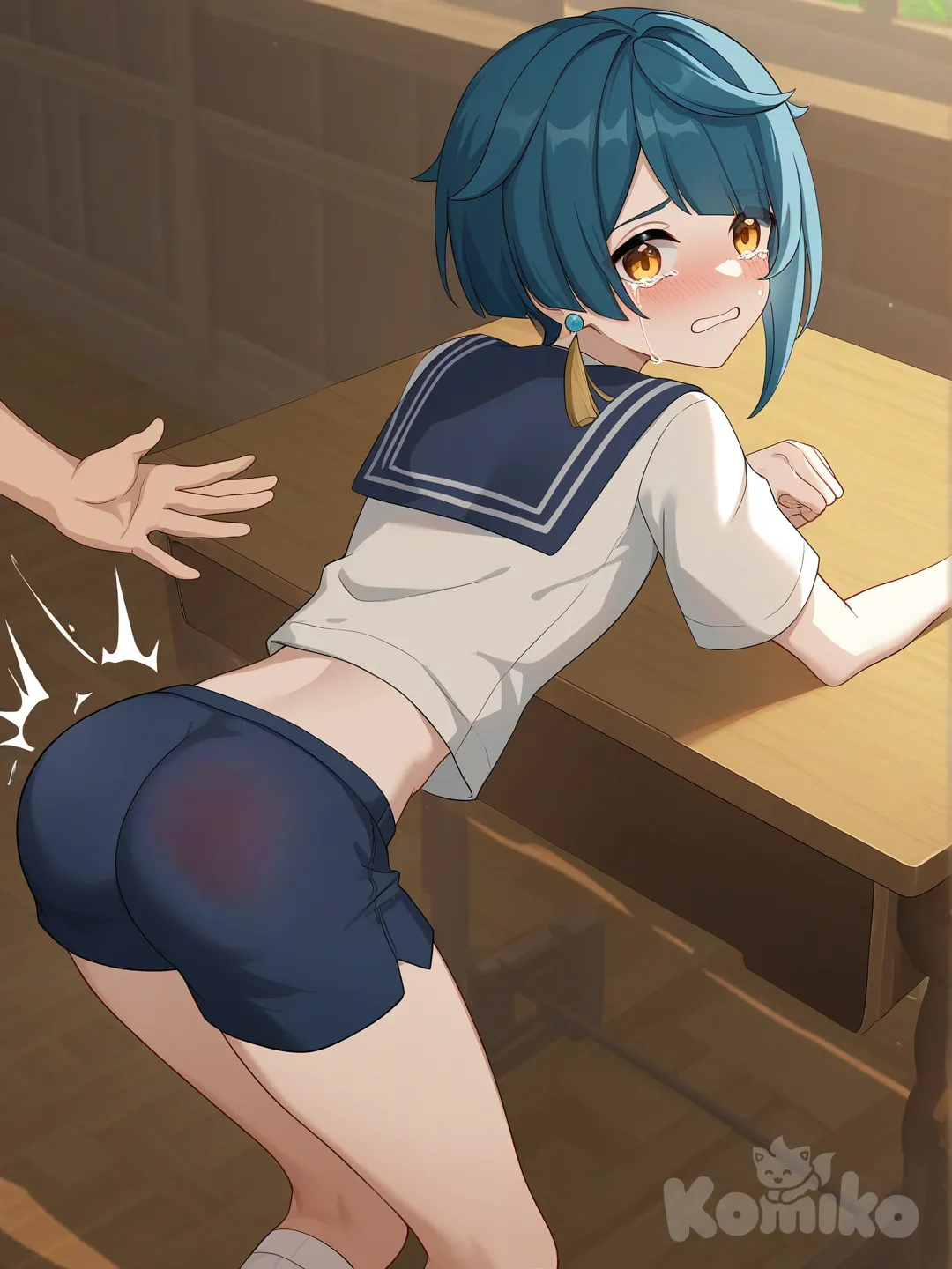 spanking, @Xingqiu_(Genshin_Impact), classroom, crying, tight short shorts, otk, [bright-anime-style], Genshin Impact