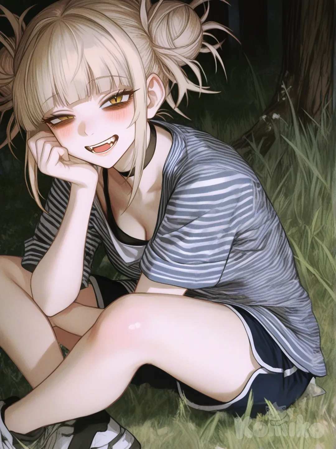 @Toga_Himiko, [semi-realistic-portrait-style], head tilt, smile, open mouth, one eye closed, striped shirt, beach shorts, pajamas, choker, blonde hair, straight bangs, double s, double buns, full body, ambient light, grassland