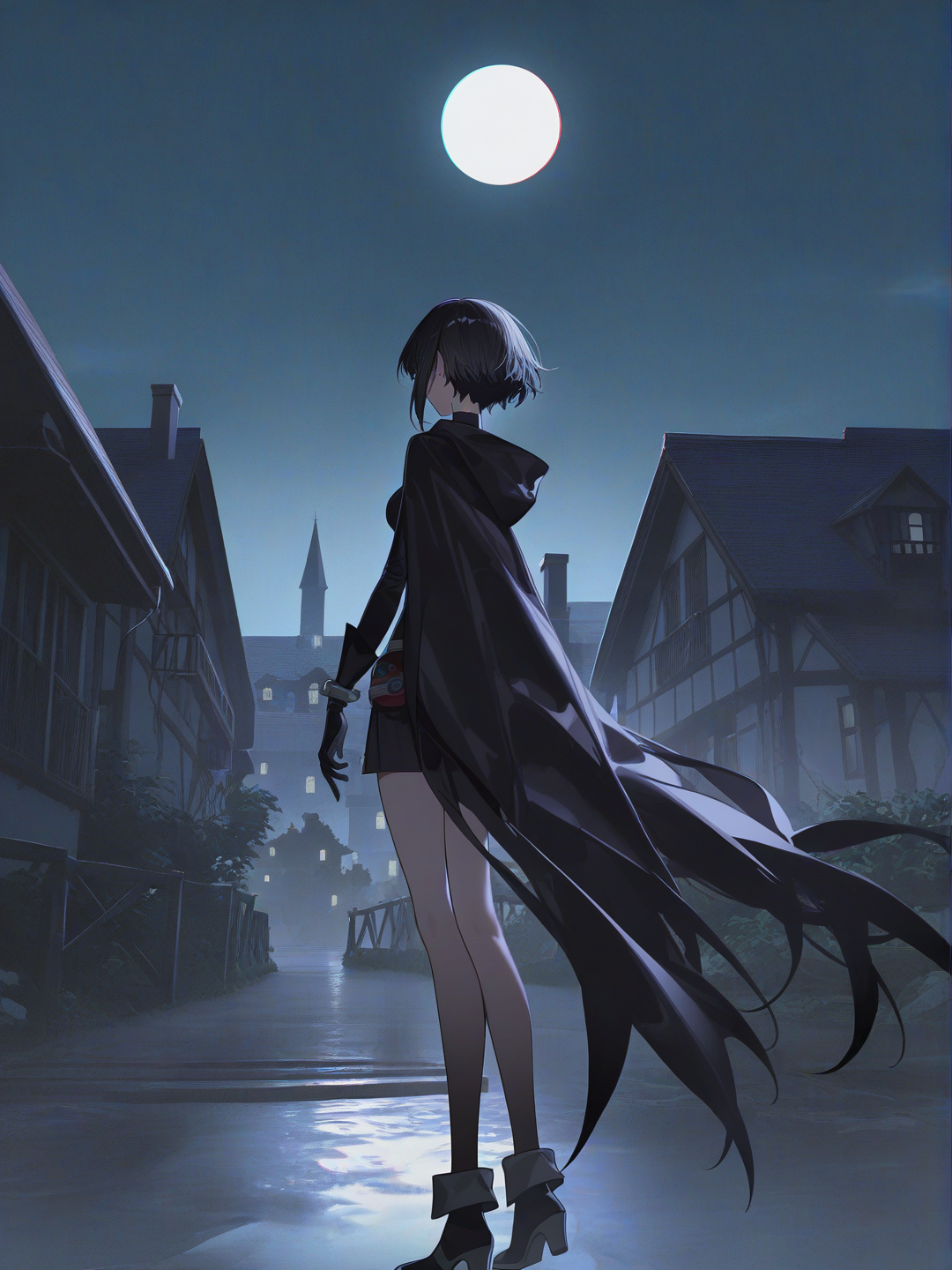 Raven (Dc), long legs, altes Haus, nacht, Mondschein, [high-contrast-glossy-style]