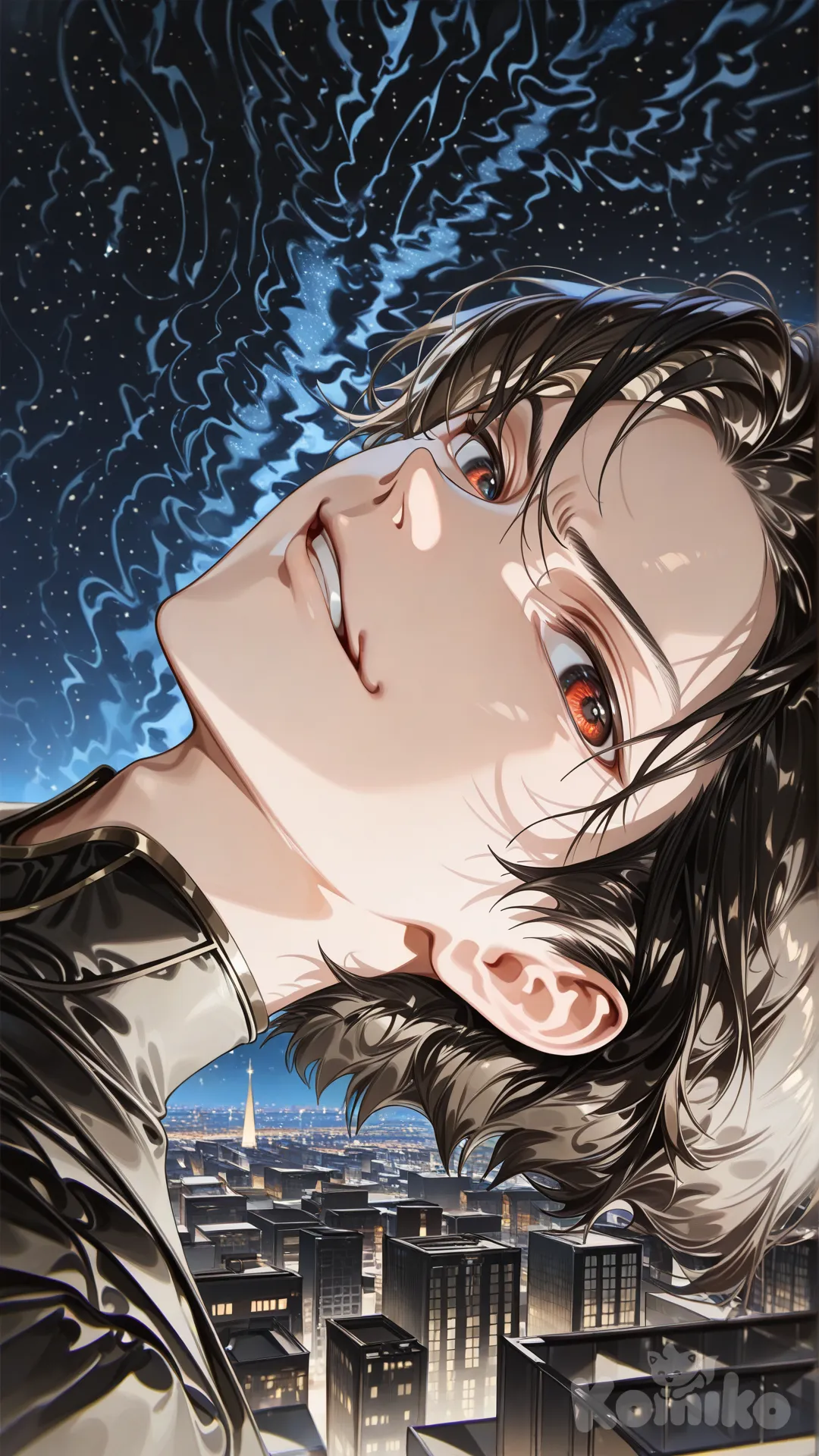 @Batman, [high-gloss-illustration-style], head tilt, angry, evil smile, closeup, city lights, starry sky