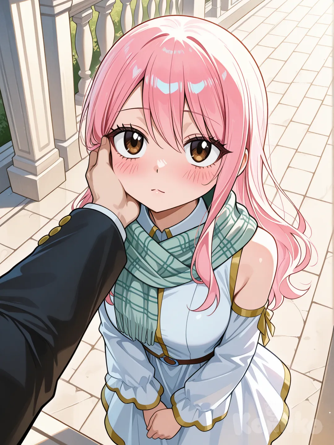 **The Setting:**
It’s a golden-hour shot, set on a balcony in Magnolia with the canal in the background reflecting the sunset. The art style is the classic, vibrant Fairy Tail anime style.

**The Characters:**

* **Granola:** He is standing on the left, looking slightly down. He is wearing his new outfit (the open-collared, one-sleeved long overcoat with the gold and green trim). His expression isn't his usual cold stoicism; instead, he has that rare, soft half-smile we saw in the story. His mismatched eyes (one blue, one red) are focused entirely on Lucy with intense affection. One of his hands is gently cupping her cheek, his thumb brushing near her eye.
* **Lucy Heartfilia:** She is standing close to him on the right, looking up. She is wearing a cute, sleeveless white sundress. Her face is flushed a deep pink (blushing), her brown eyes wide and sparkling. Her hands are resting on his chest, gripping the lapels of his waistcoat.

**The Key Detail:**
Granola’s long gray scarf—the one he never takes off—has unraveled slightly in the wind and is wrapping around both of them, creating a symbolic heart shape or a protective circle that binds them together