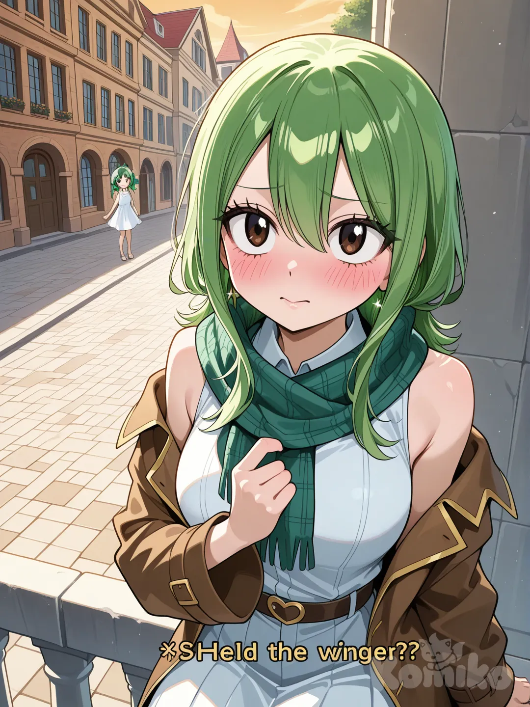 **The Setting:**
It’s a golden-hour shot, set on a balcony in Magnolia with the canal in the background reflecting the sunset. The art style is the classic, vibrant Fairy Tail anime style.

**The Characters:**

* **Granola:** He is standing on the left, looking slightly down. He is wearing his new outfit (the open-collared, one-sleeved long overcoat with the gold and green trim). His expression isn't his usual cold stoicism; instead, he has that rare, soft half-smile we saw in the story. His mismatched eyes (one blue, one red) are focused entirely on Lucy with intense affection. One of his hands is gently cupping her cheek, his thumb brushing near her eye.
* **Lucy Heartfilia:** She is standing close to him on the right, looking up. She is wearing a cute, sleeveless white sundress. Her face is flushed a deep pink (blushing), her brown eyes wide and sparkling. Her hands are resting on his chest, gripping the lapels of his waistcoat.

**The Key Detail:**
Granola’s long gray scarf—the one he never takes off—has unraveled slightly in the wind and is wrapping around both of them, creating a symbolic heart shape or a protective circle that binds them together

**The Background/Extras:**
**Pino:** In the bottom right corner, sitting on the railing, Pino the android is watching them.
**Muzli & Wendy:** Way in the background, peeking out from behind a building, you can see Muzli and Wendy spying on them, with Muzli looking excited and Wendy looking shy/embarrassed. Muzli is a girl with green hair and mismatched eyes.

The artstyle must be like Fairy Tail