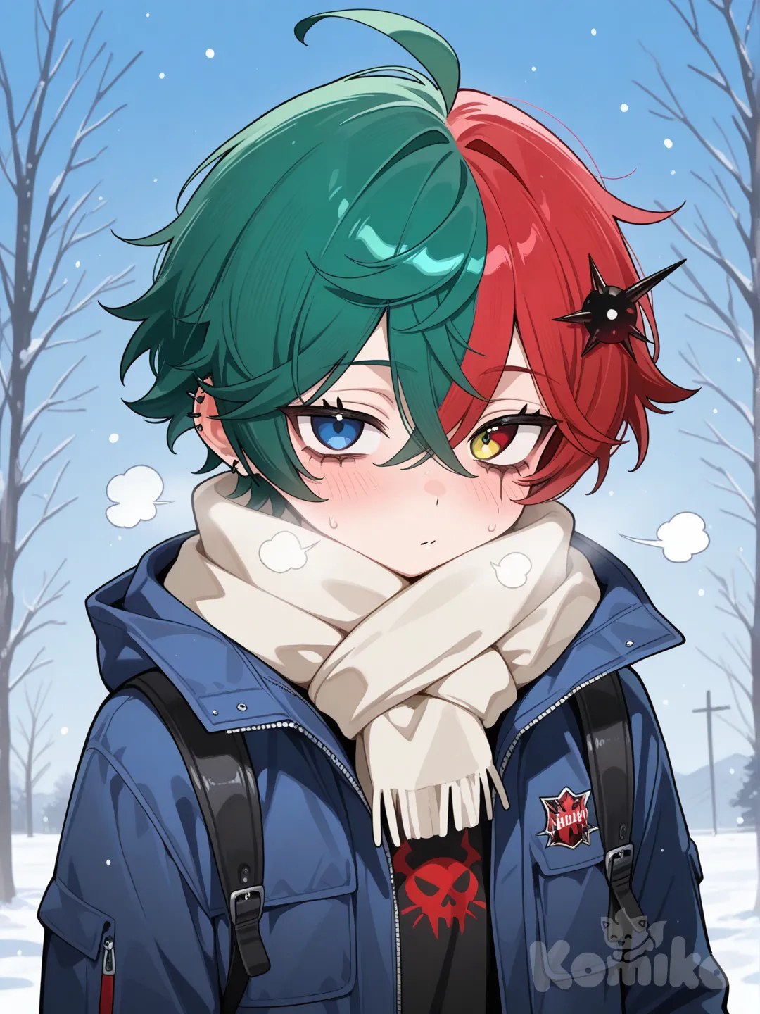 A teenage handsome boy, spikey green hair that falls on his eyes, mismatched eyes (left red, right blue), cold attitude