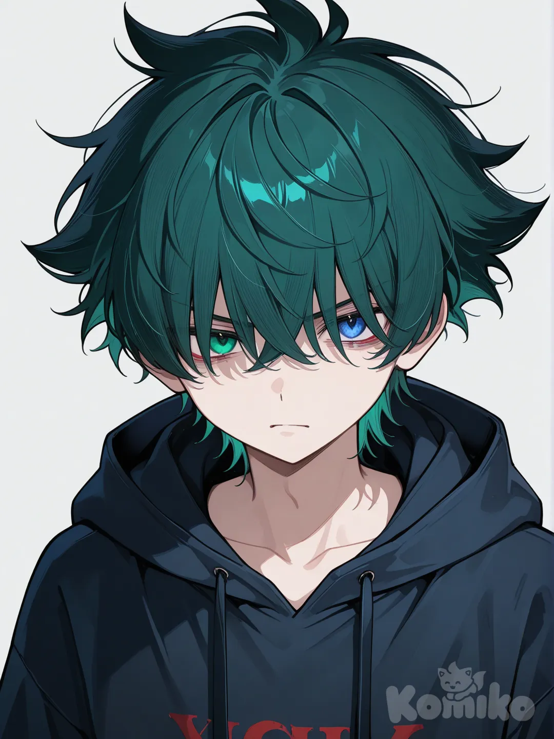 A teenage handsome boy, spikey green hair that falls on his eyes, mismatched eyes (left red, right blue), cold attitude