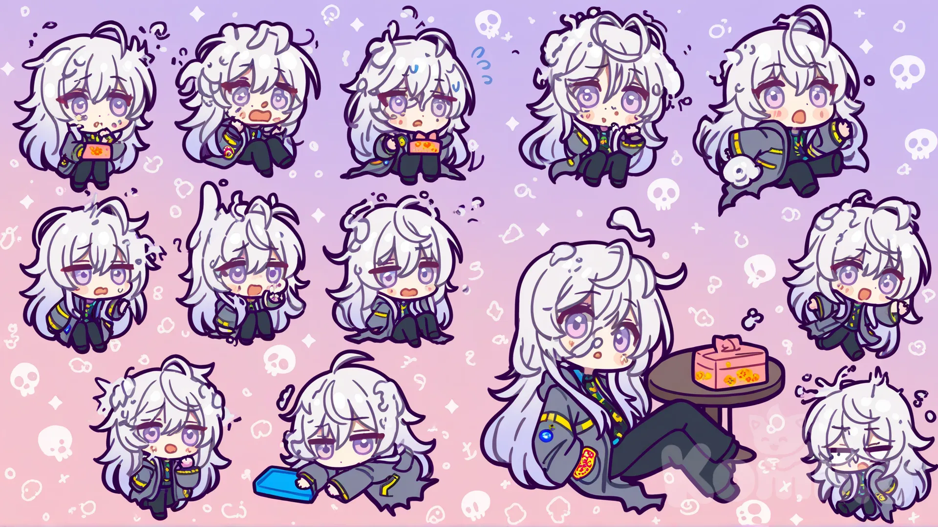 “Chibi-style Sael, white hair and light purple eyes, sitting at a table with a bento box. The food in the box has transformed into a cute but scary monster, jumping out at him. Sael looks shocked and horrified, with a floating cartoon skull above his head. Big head, small body, exaggerated cute proportions. Dark long coat and pants slightly messy. Background: simple, colorful, cartoonish, meme-like vibe. Style: kawaii anime chibi, humorous, exaggerated expressions, funny and expressive.”, [glossy-chibi-style]