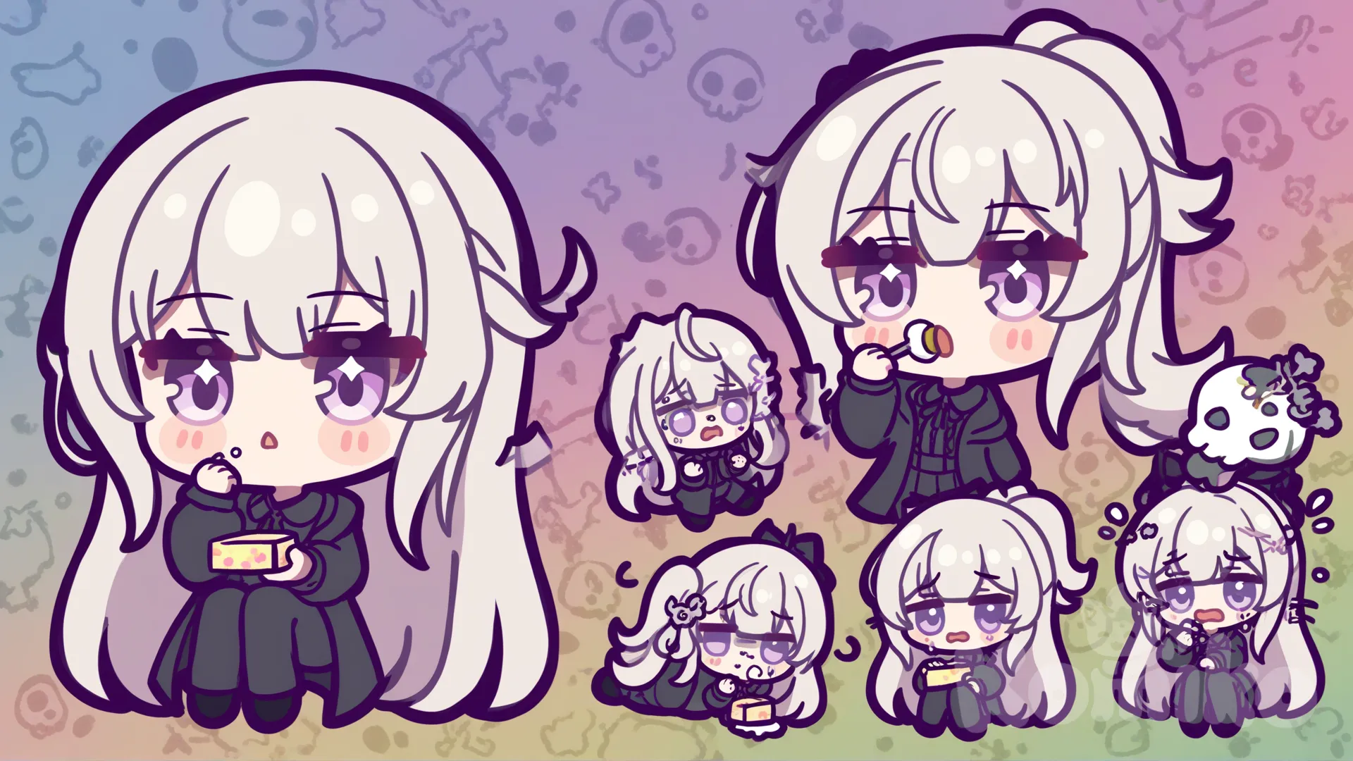 Chibi-style Sael, white hair and light purple eyes, sitting at a table eating from a bento box. He looks shocked and horrified, with a floating cartoon skull above his head to emphasize his reaction. Big head, small body, exaggerated cute proportions. Dark long coat and pants slightly messy. Background: simple, cartoonish, colorful, meme-like vibe. Style: kawaii anime chibi, humorous, exaggerated expressions, funny and expressive.”
, [glossy-chibi-style]