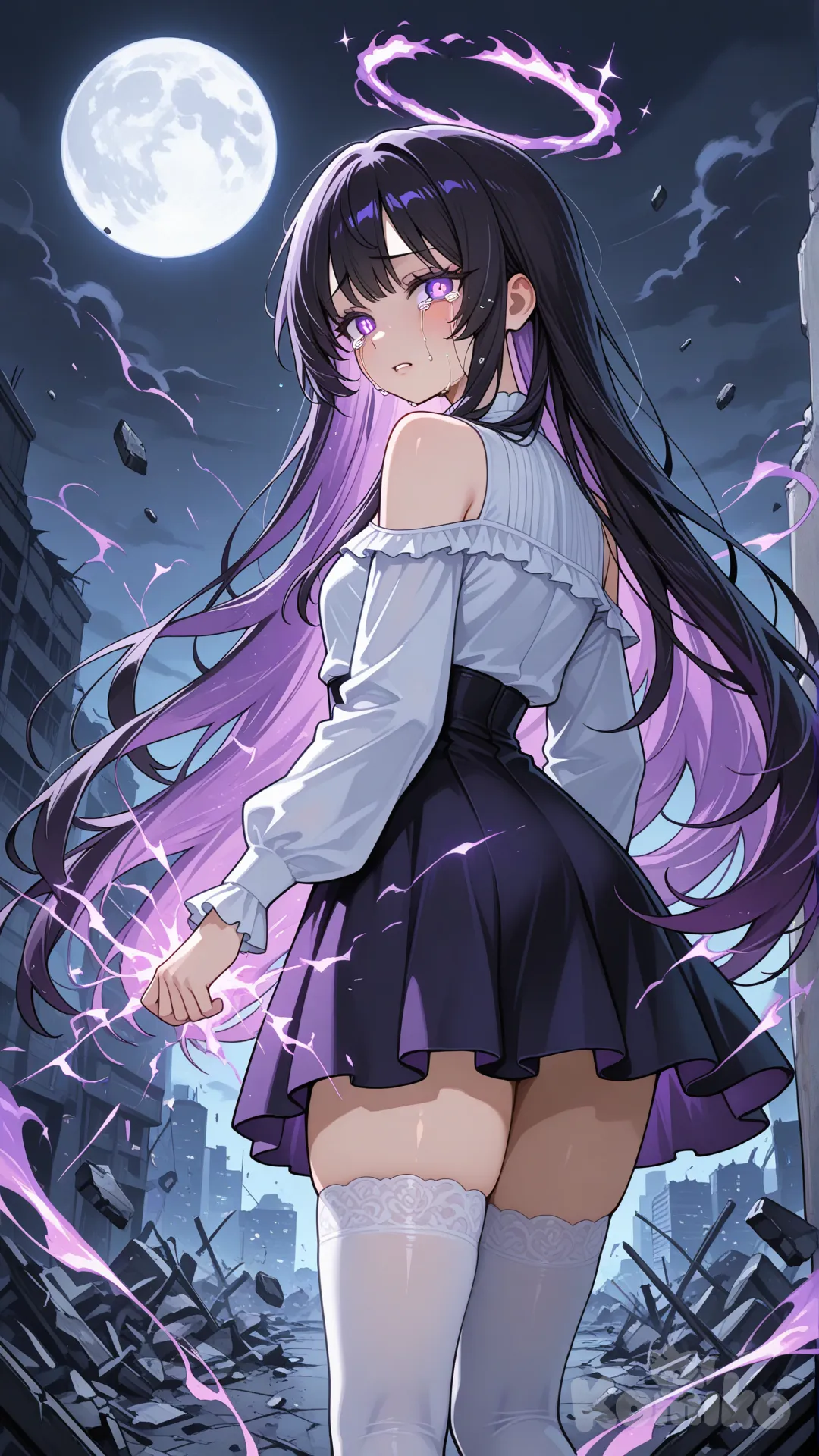 "Anime-style teenage girl, long dark purple-black hair, dark purple-black eyes, standing with her back to the viewer, turning her head sideways to glance back with the corner of her eyes. Her face shows utter despair: eyebrows slanted and drawn together, eyes slightly wide but drooping, heavy tears streaming down her cheeks, lips trembling or tightly pressed, and shoulders slumped, body language showing complete hopelessness. Wearing elegant yet simple clothing — a stylish, well-fitted light-colored blouse, a skirt, and white stockings. Amber magical glow subtly around her. Uncontrolled gravity powers radiate from her, causing debris and broken objects to float chaotically around her. Background: destroyed city with collapsed buildings, broken walls, scattered debris, shattered windows, twisted metal, smoke rising, soft mist, faint magical sparks in the air, and a dark cloudy sky with the moon visible, creating a dramatic and emotional atmosphere.