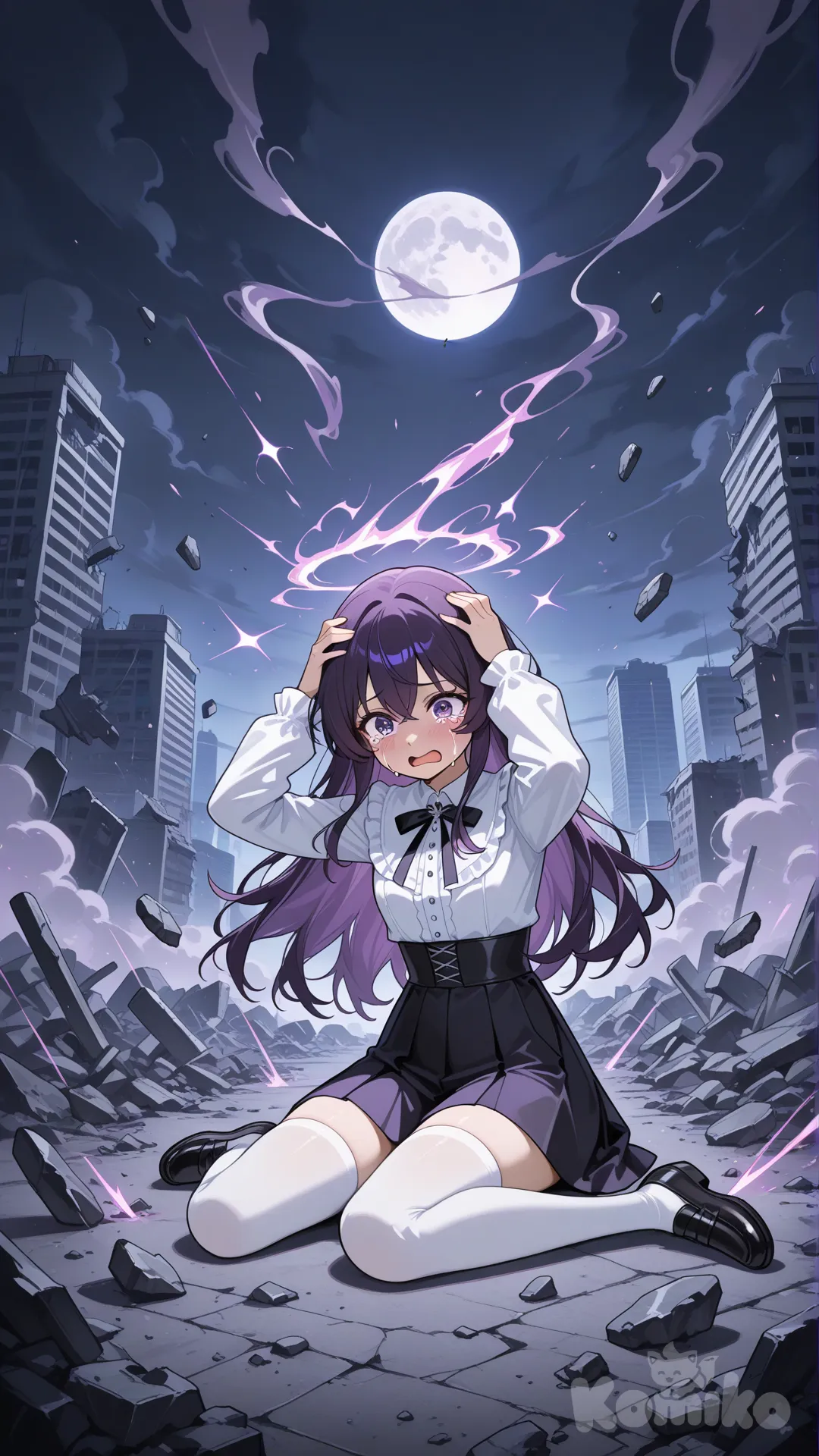 "Anime-style teenage girl, long dark purple-black hair, dark purple-black eyes, sitting on the ground crying, holding her head with both hands, looking guilty and distressed. Wearing elegant yet simple clothing — a stylish, well-fitted light-colored blouse, a skirt, and white stockings. Amber magical glow subtly around her. Uncontrolled gravity powers radiate from her, causing debris and broken objects to float chaotically around her. Background: destroyed city with collapsed buildings, broken walls, scattered debris, shattered windows, twisted metal, smoke rising, soft mist, faint magical sparks in the air, and a dark cloudy sky with the moon visible, creating a dramatic and emotional atmosphere.