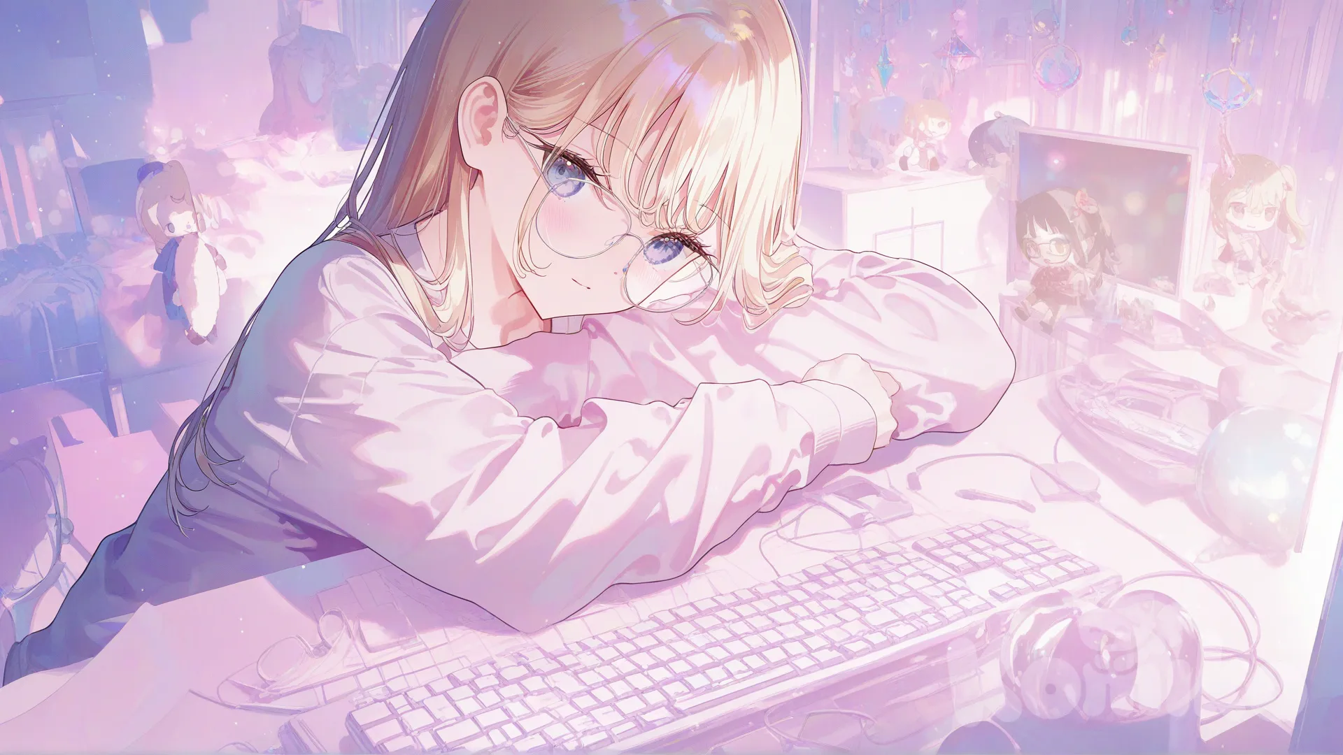 A blonde-haired woman with blue eyes wearing glasses sits in front of her computer in a cute, cozy bedroom. She is focused on the screen as if writing code, the soft glow of the monitor reflecting on her glasses. With one arm, she gently hugs a plush doll. The room is decorated with warm lights, pastel colors, and small cute ornaments, creating a peaceful and wholesome atmosphere. Anime style, soft lighting, cozy bedroom vibe, and heartwarming scene., [iridescent-style]