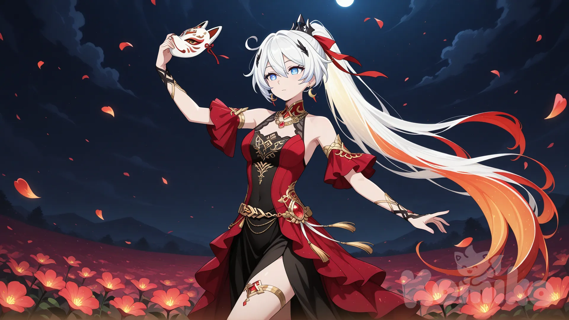 A human woman with white hair and softly glowing golden tips, radiant golden eyes, and a goddess-like beauty performs a clear, flowing dance among blooming flowers under the moonlight. She is captured mid-spin, one leg slightly lifted as her skirt and ribbons swirl outward with the motion. One arm is extended gracefully forward with open fingers, while the other arm curves above her head in a classical sacred dance pose. Her black-and-red elegant fantasy gown flows dramatically around her body, embroidered with fine gold patterns. A thin golden belt rests at her waist, with a fox mask gently swinging as she spins.
Her expression remains calm and emotionless despite the intense movement, giving her an otherworldly presence. Gold crescent earrings, a red gemstone necklace, and soft gold s shimmer with every turn. The moonlight and the glow from her golden hair tips and eyes illuminate drifting flower petals in the air. Anime style, highly cinematic lighting, mystical yet human elegance, strong sense of motion. expressionless, dancing, anime screencap, hair accessory, @Kiana_Kaslana_(Herrscher_Of_Flamescion)