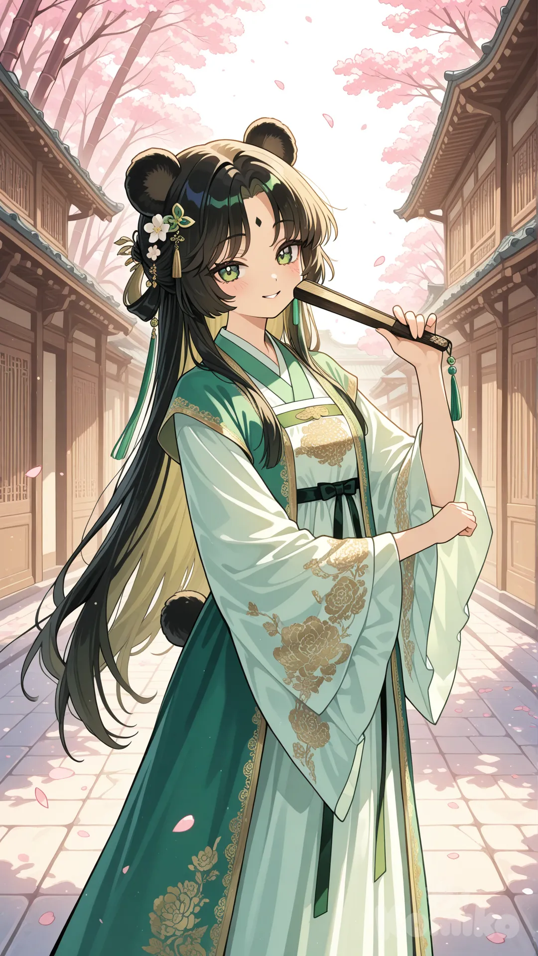 A cute anthropomorphic panda wearing traditional Chinese hanfu in white and jade-green colors. The outfit has flowing long sleeves, golden embroidery of clouds and bamboo patterns. The panda stands upright like a warrior-scholar, holding a folded fan with a calm but playful smile. Soft cherry blossom petals float in the air. Ancient Chinese street background, warm sunlight, anime style, high detail, soft lighting.