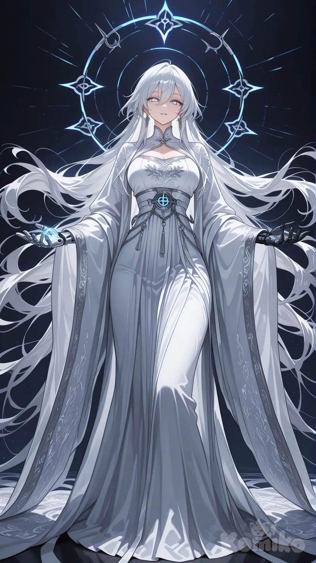 A slender adult woman with a graceful figure and an elegant, full-busted silhouette stands calmly with a composed posture. She wears a flowing ancient Chinese-style white dress (hanfu-inspired) made of layered silk fabric, with long wide sleeves and subtle silver embroidery along the edges. The fabric drapes beautifully around her body, emphasizing elegance rather than provocation.

Her long silver-white hair falls smoothly down her back, slightly lifted by a gentle magical breeze. Behind her floats a large arcane mechanical ring core, slowly rotating with glowing runes and light particles orbiting it. One of her arms is a refined magical-mechanical prosthetic with soft blue energy lines running through it. Her expression is calm, intelligent, and unreadable, like a quiet strategist. Dark void-like background with floating energy orbs. Anime style, highly sci-fi + ancient fantasy fusion, cinematic lighting.