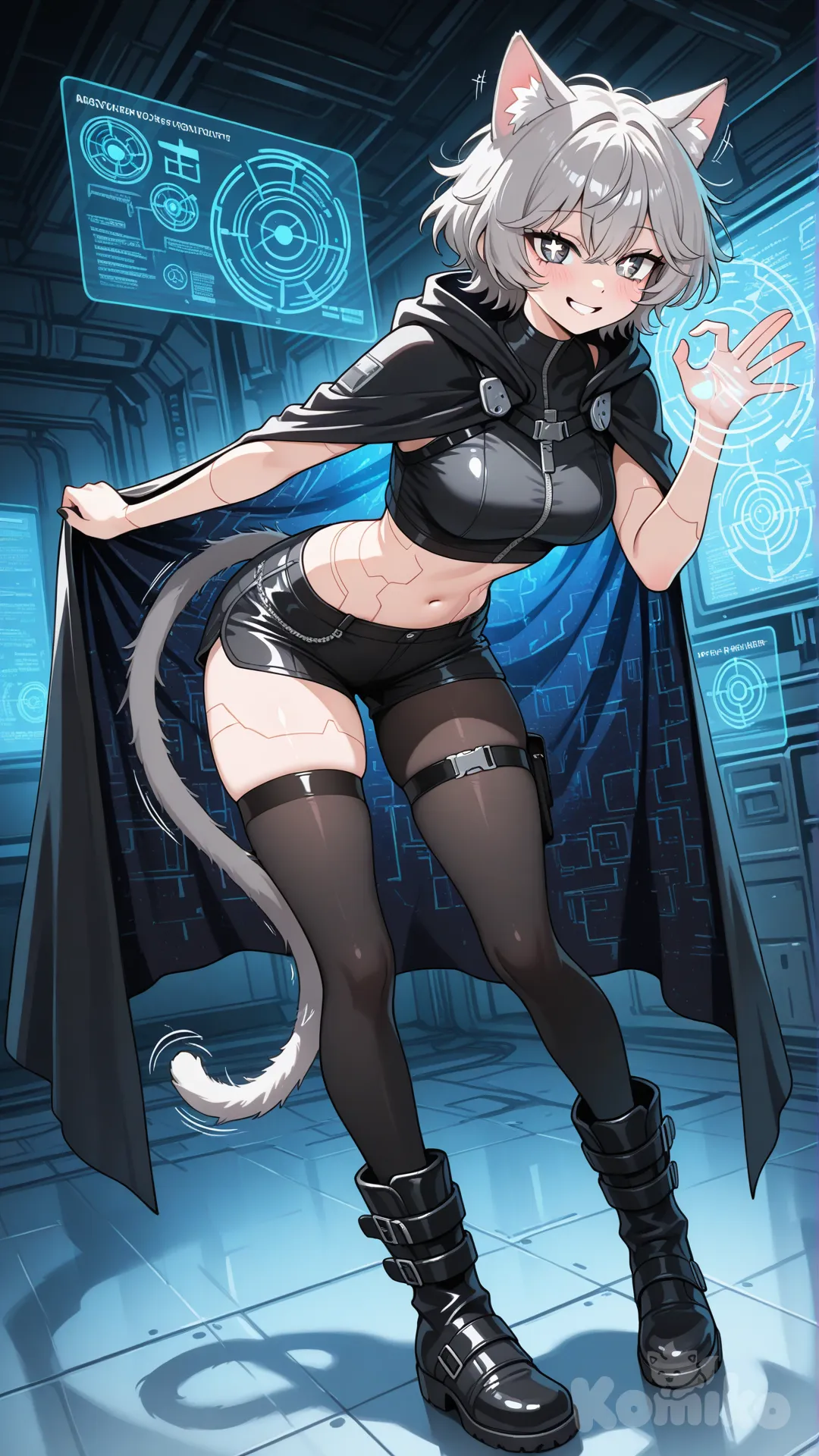 Webtoon anime style หญิงสาววัยรุ่นยืนอยู่ท่ามกลางพื้นที่ไซไฟที่เต็มไปด้วยสัญลักษณ์ข้อมูลลอยอยู่ในอากาศ
ผมสีเทาสั้นถูกจัดทรงอย่างไม่ตั้งใจนัก ดูเหมือนคนที่เคลื่อนไหวตลอดเวลา
ดวงตาสีเทาเป็นประกายเจ้าเล่ห์ เหมือนกำลังคิดแผนบางอย่างอยู่
หูและหางแมวสีเทาขยับไปมาตามอารมณ์ แสดงความขี้เล่นและไม่อยู่นิ่ง

เธอสวมเสื้อเอวลอยดีไซน์เฉียบ ทรงเรขาคณิต ชิ้นเล็กแต่ดูเป็นเทคโนโลยี
ลวดลายบางส่วนเรืองแสงจาง ๆ คล้ายข้อมูลที่กำลังรัน
กางเกงขาสั้นทรงเข้ารูป แนวคล่องตัว มีสายรัดและแผ่นวัสดุไฮเทค
เหมือนยูนิฟอร์มของคนที่ใช้ความเร็วและไหวพริบเป็นอาวุธ

ชุดคลุมยาวสีดำถูกสวมแบบไม่เป็นทางการ
ด้านในของผ้ามีลายข้อมูล วงแสง และสัญลักษณ์ดิจิทัล
เมื่อเธอขยับตัว ชุดคลุมจะปลิวและเผยแสงภายในวูบวาบเหมือนการหลอกตา

ถุงน่องสีดำมีเส้นแสงบาง ๆ ไหลตามขาเหมือนข้อมูลที่เคลื่อนที่
รองเท้าดีไซน์ไฮเทคทรงเพรียว มีขอบเรืองแสง ดูพร้อมพาเธอพุ่งออกไปทุกทิศทาง

ท่าทางของเธอเอนตัวเล็กน้อย มือหนึ่งยกขึ้นเหมือนกำลังกดคำสั่งล่องหน
รอยยิ้มขี้เล่นปรากฏบนใบหน้า
เหมือนคนที่รู้ทุกอย่างล่วงหน้า และกำลังสนุกกับการทำให้คนอื่นตามไม่ทัน

บรรยากาศรอบตัวเต็มไปด้วยแสงข้อมูล เงา และความเร็ว
เธอไม่ใช่นักสู้ที่ใช้พลังตรง ๆ
แต่คือคนที่ควบคุมสนามด้วยไหวพริบ กลลวง และรอยยิ้ม