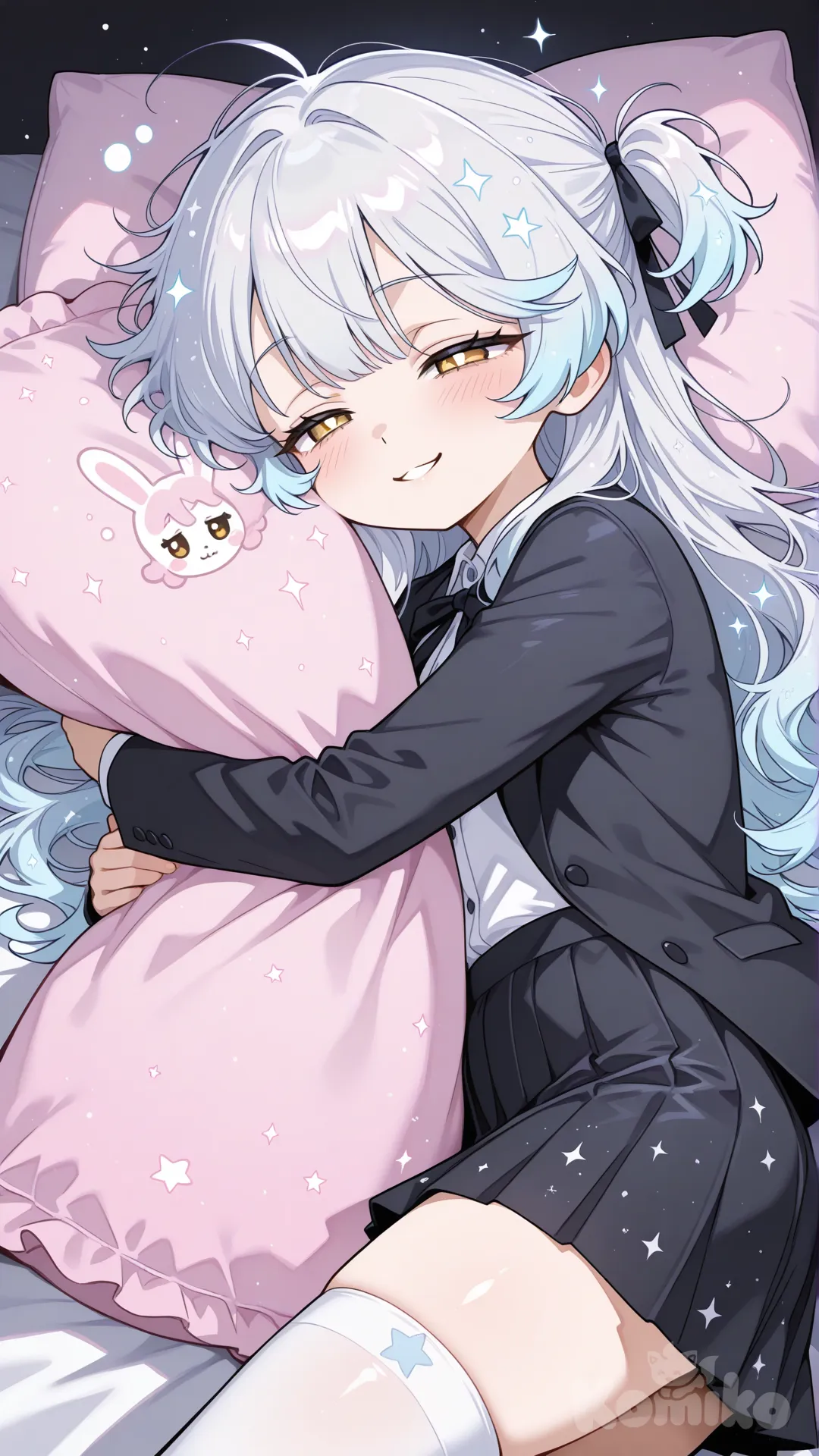 ใส่ชุดสูทปลด ใส่กระโปรงสั้นสีดำ ถุงน่องสีขาวยาวถึงสะโพก กระดุมสีดำ เสื้อด้านในสีขาวยืนครึ่งตัว , Webtoon Anime Style เด็กผู้หญิงร่างเล็ก หน้าสวย โทนพาสเทล
ผมสีฟ้าอ่อนอมเงิน ไล่เฉดขาว ปลายผมฟุ้ง
ดวงตาสีทองอ่อน ตาปรือ ขี้ง่วง กำลังนอนหมินข้างใบใหญ่อยู่บนเตียง
กอดหมอนนุ่มใบใหญ่ ท่าทางขี้เกียจแต่น่ารัก
มีริบบิ้นและลายดาว
ออร่าความฝันลอยรอบตัว บรรยากาศนุ่มละมุน
สไตล์อนิเมะ แสงฟุ้ง ภาพละเอียดสูง