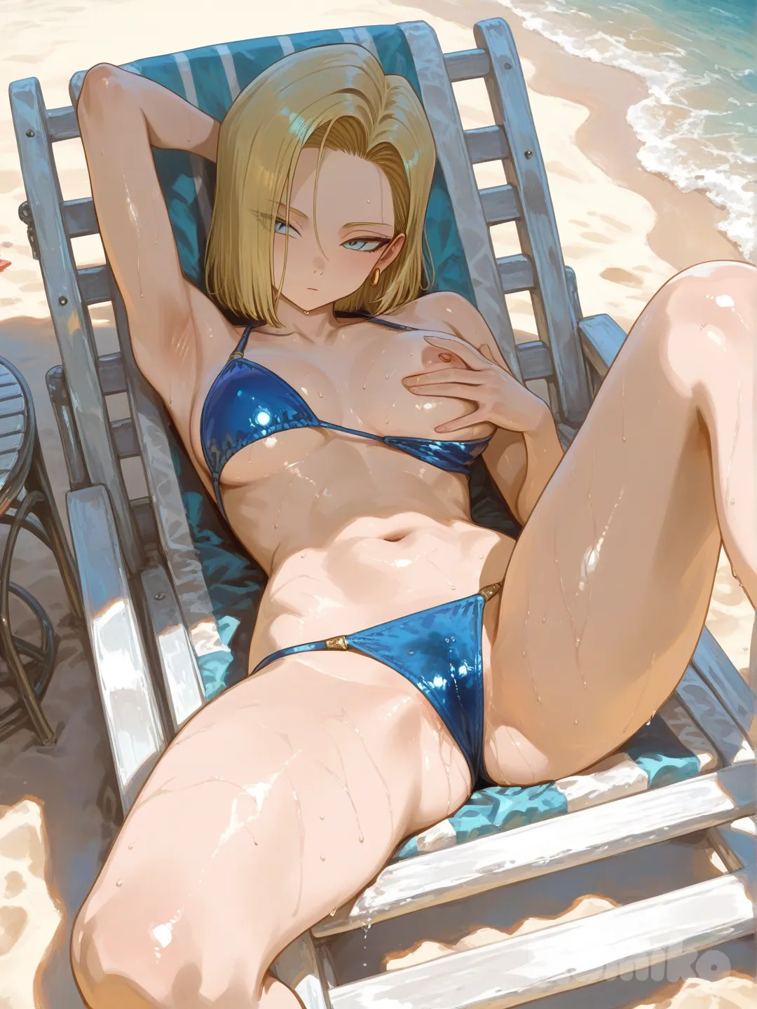 android 18, recostada en una silla reclinable en la playa, la cabeza viendo hacia su lado izquierdo, usa bikini, su brazo derecho está por detrás de su cabeza, con la mano izquierda está jalando el bra hacia abajo para dejar ver una teta, la imagen tiene vista superior, un líquido transparente se alcanza a ver saliendo de su entrepierna, una pierna está estirada, la otra pierna está reclinada., [sensual-glossy-style]
