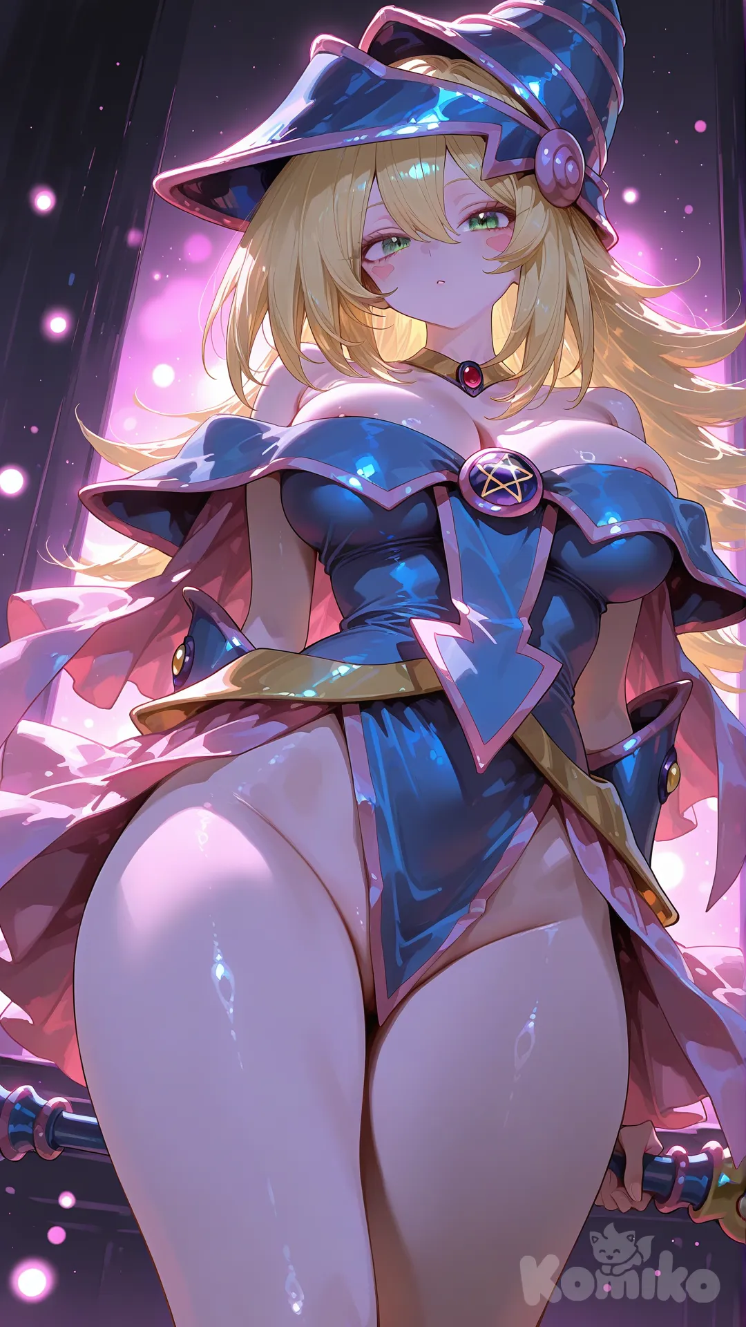 dark magician girl, very small waist, very skinny, wide hips, large breast, sexy pose, nip slip, no panty, petite body, lights background, [sensual-glossy-style]