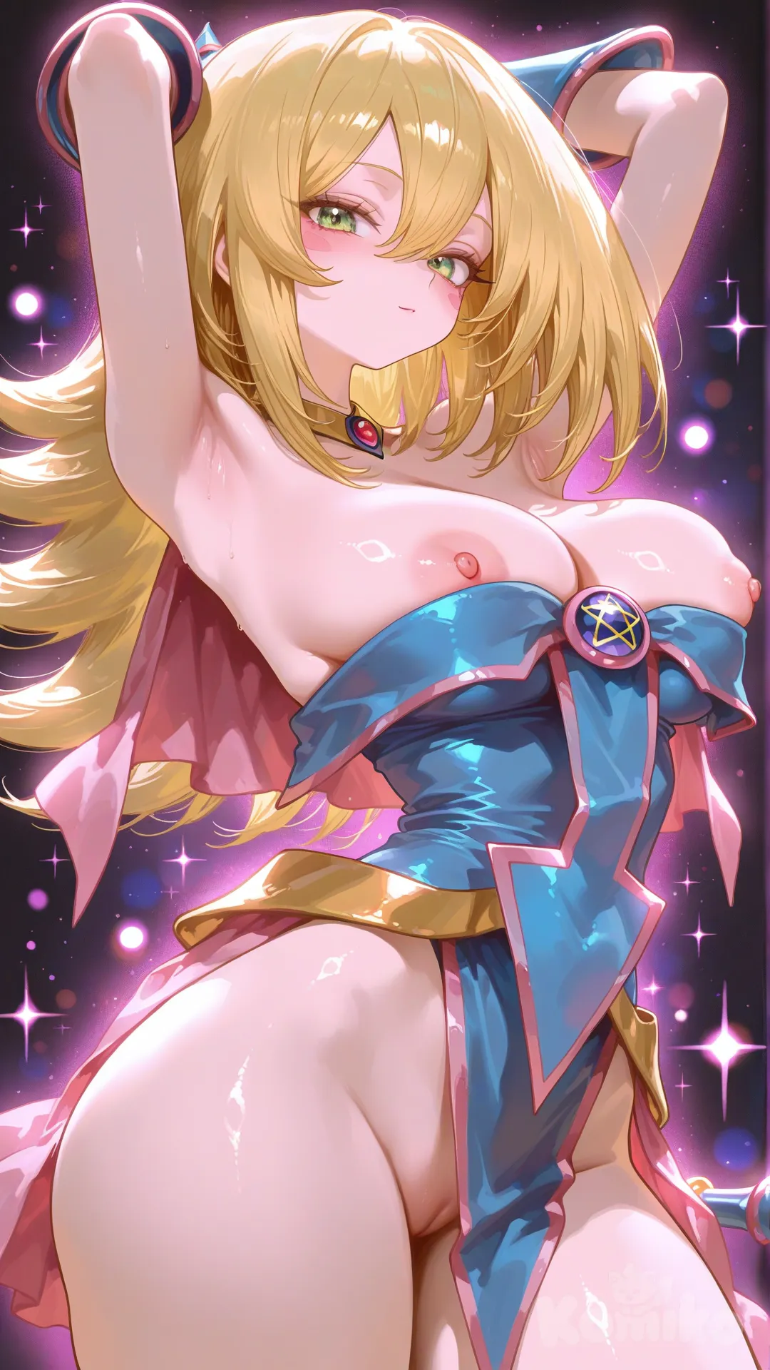 dark magician girl, very small waist, very skinny, wide hips, large breast, sexy pose, nip slip, armpit, no panty, petite body, lights background, [sensual-glossy-style]