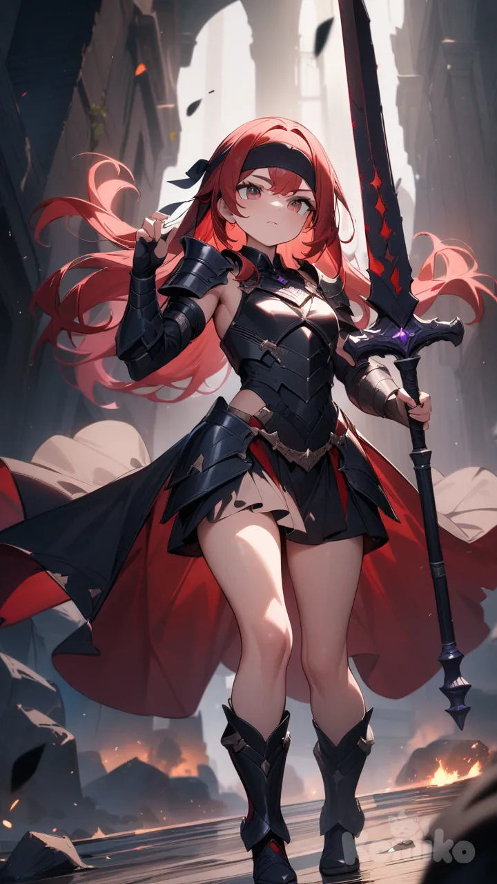 Chica pequeña armadura negra sexy, cabello rojo, diadema, cuerpo completo, espada de tronco y metal Aura negra