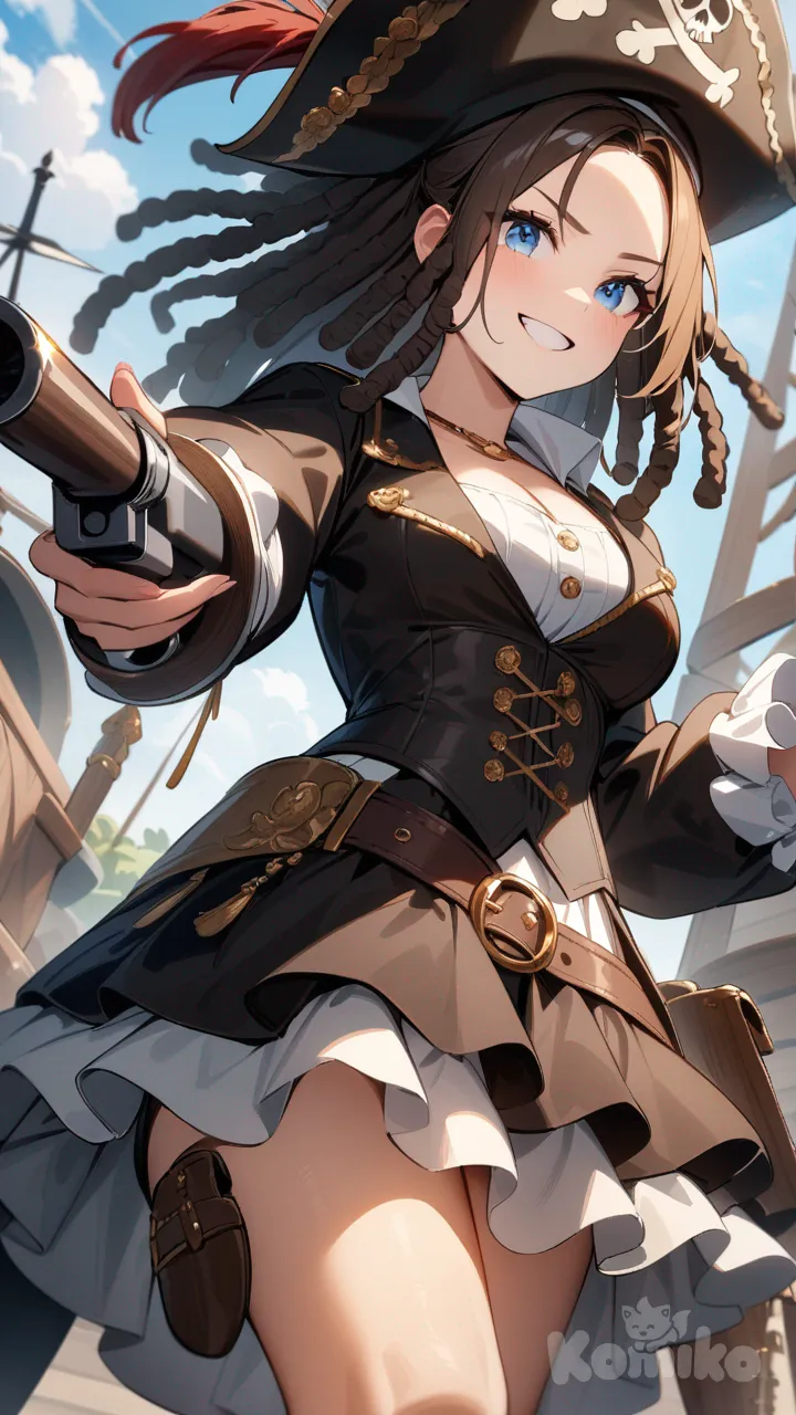 Chica, cabello cafe, rastas, ojos azules, traje de pirata, falda corta de olanes, con pistola de pirata