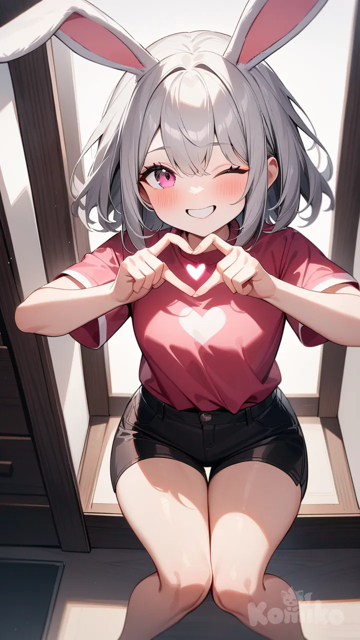 Chica pequeña, piernas gruesas, cabello gris, ojos rosas, orejas de conejo, short negro corto, blusa corta, haciendo corazón con los dedos, cerrando un ojo, sonrriendo, cuerpo completo