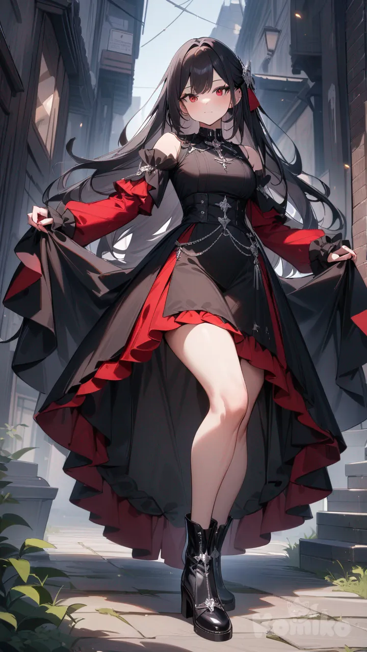 Chica , cabello negro lacio, vestido gótico negro y rojo, botas negras grandes, accesorios plateados,ojos rojos, cuerpo completo, piernas gruesas