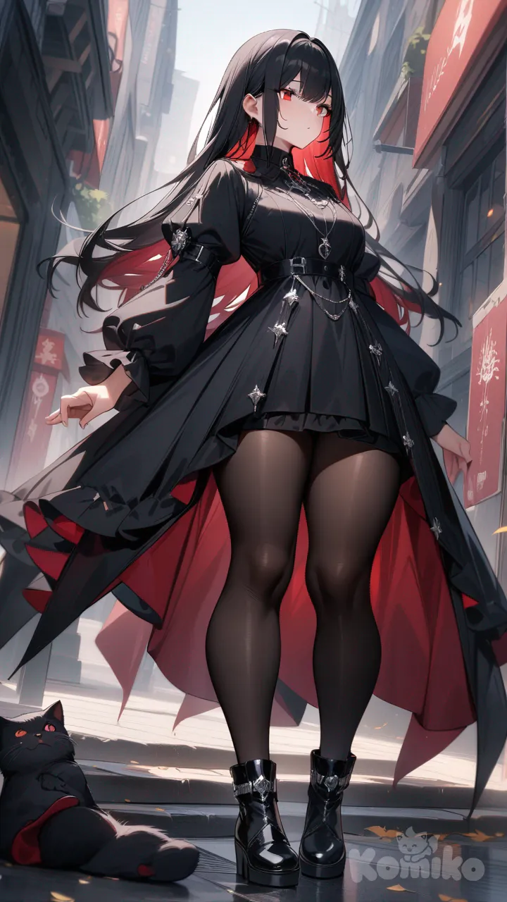 Chica , cabello negro lacio, vestido gótico negro y rojo, botas negras grandes, accesorios plateados,ojos rojos, cuerpo completo, piernas gruesas, mayas negras