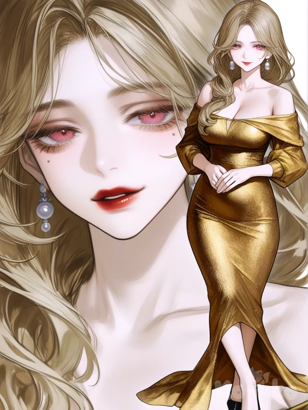 [semi-realistic-portrait-style] 1girl, blonde hair, long hair, hair over one shoulder, pink eyes, sharp eyes, mole under eye, beautiful face, symmetrical face, plump lips, red lips, large breasts, hourglass body, short, small hands, cute, slim, curvy, off-shoulder dress, gold dress, fitted dress, sheer sleeves, elegant, pearl earrings, clutch, single character, full body, looking at viewer, anime style, simple background, white background