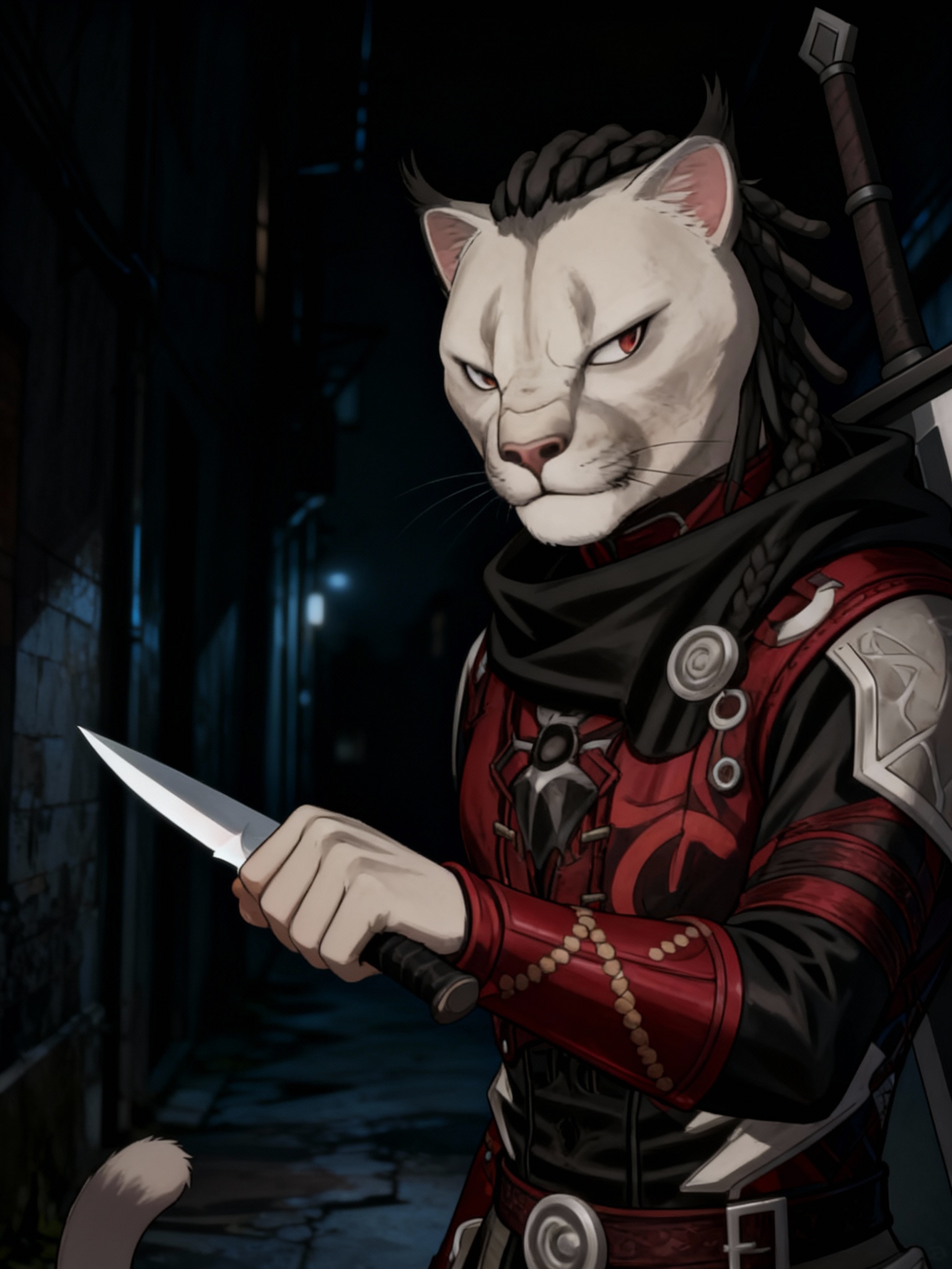 @kaz-cQjN, in an alley way, closeup, looking away, night, dagger in hand, menacing look