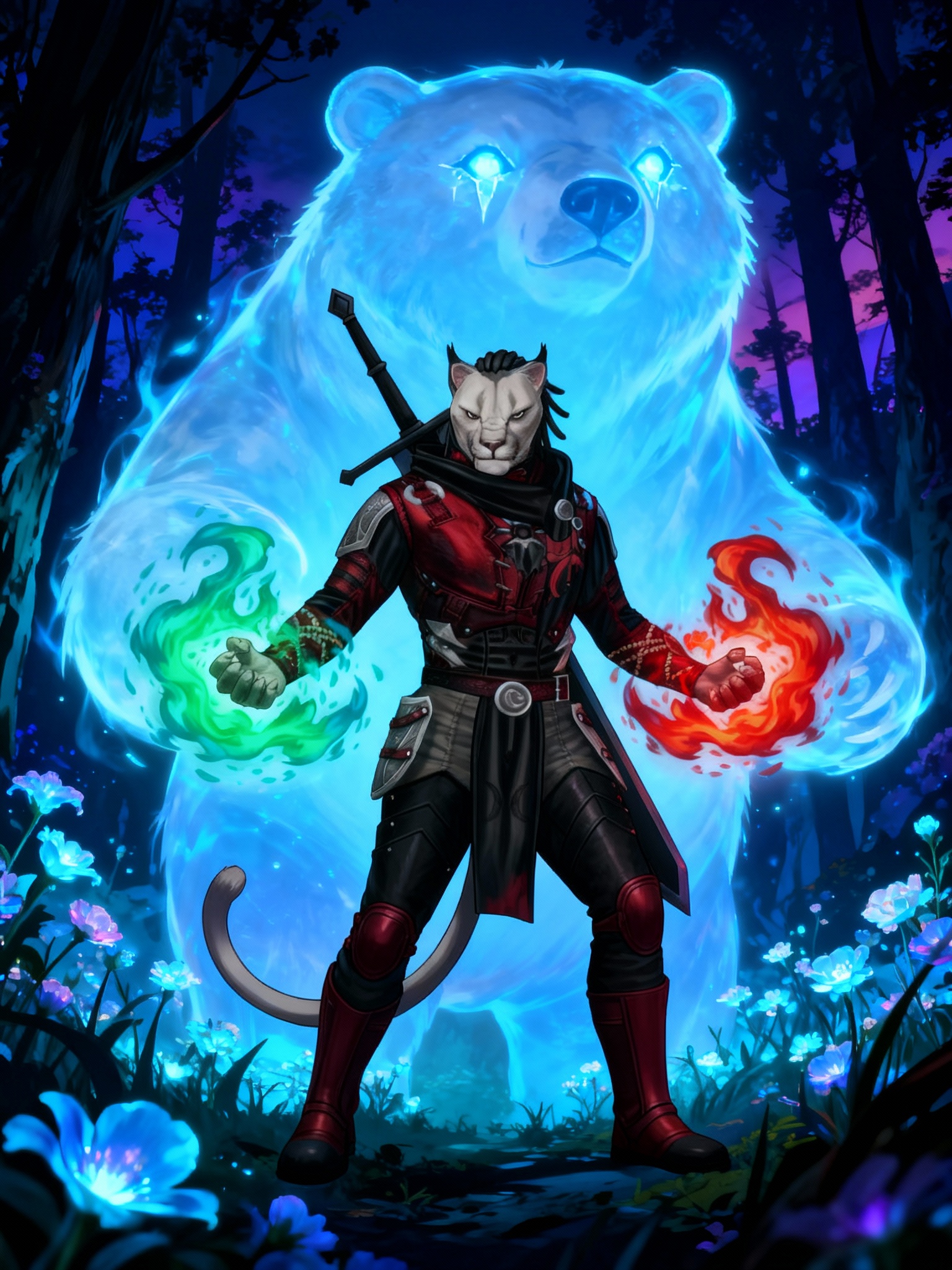 @kaz-cQjN standing in the forest, conjuring a bear with glowing icy eyes, surrounded by glowing flowers. The atmosphere is dark with haunting blues and purple lighting. He wears black and blue mercenary clothes. He appears powerful and menacing, portrait, closeup, cinematic lighting, ambient light, twilight