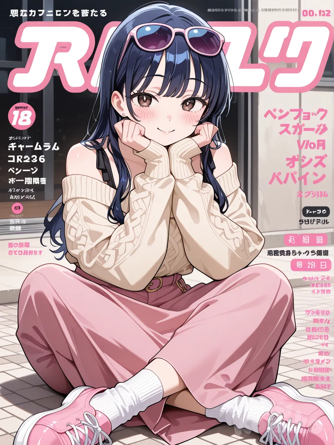 時尚雜誌封面，Yamada anna是封面主角，臉紅並微笑的看著讀者，微微摘下墨鏡露出雙眼並翹腳，穿著米色露肩毛衣和粉紅色長裙，搭配白色襪子和粉紅色平底鞋。