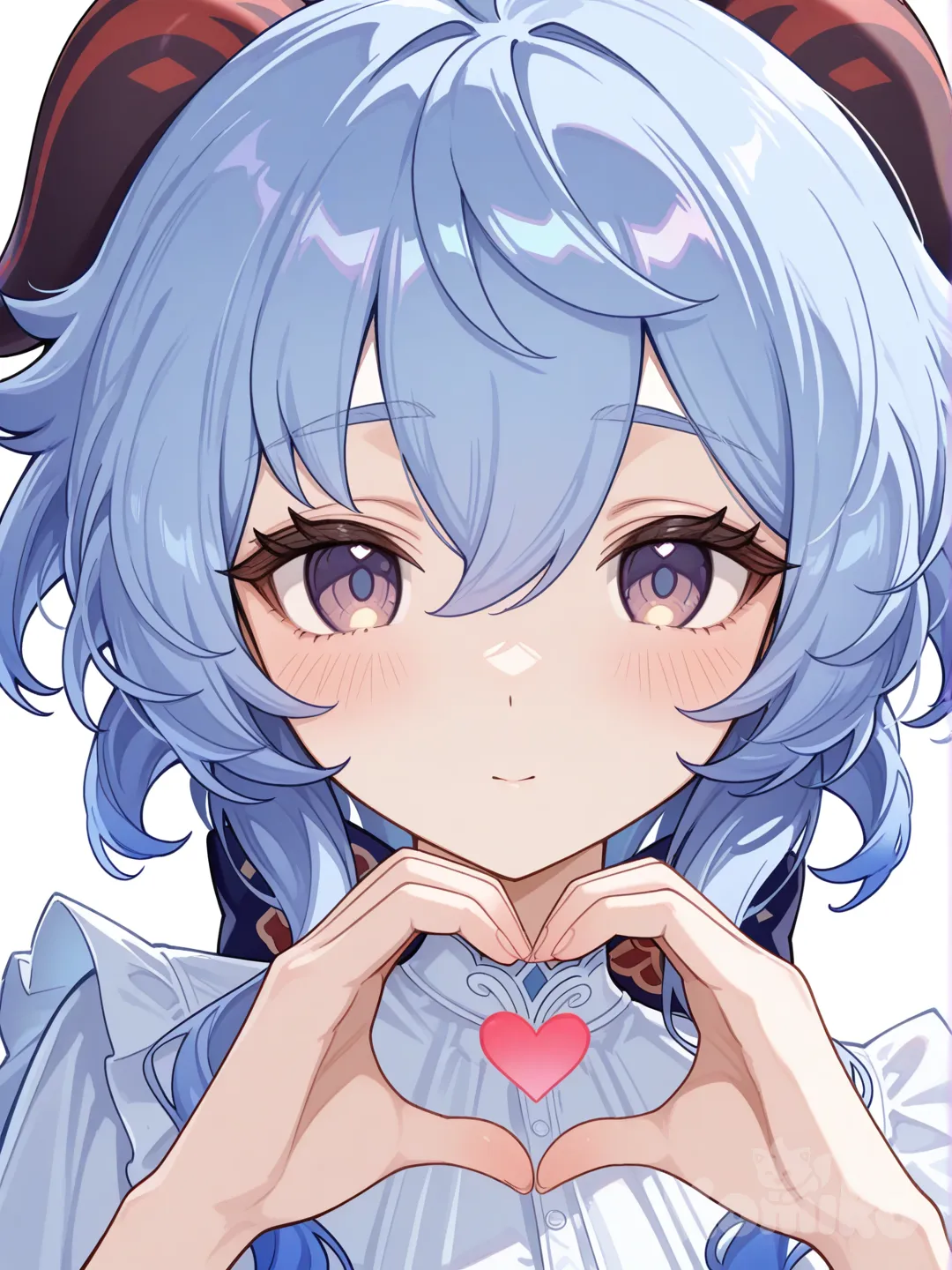 @Ganyu_(Genshin_Impact), heart hands, bohemian shirt, upper body, portrait, headshot