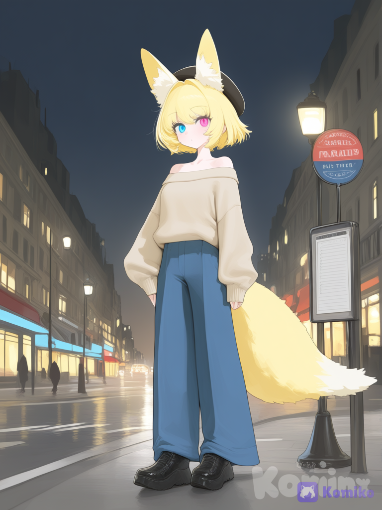 [vibrant-anime-style], 1girl, scrawny, short blonde hair, pink and blue eyes, fair skin, beige off-the-shoulder wool sweater and relaxed wide-leg trousers blue, and tail and ears of fox, beret, headshot, over-the-shoulder shot, full body, city lights, Paris Street, Paris bus stop