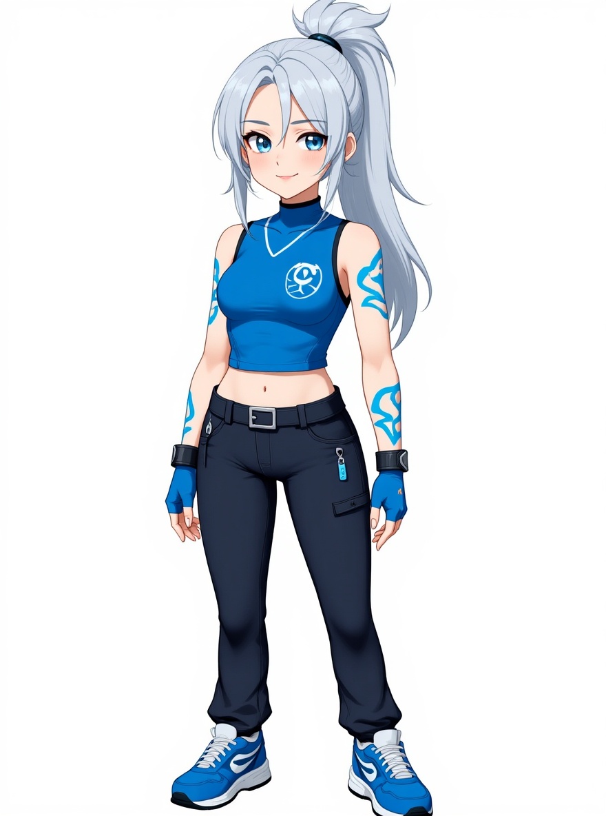 1girl, solo, medium height, slim athletic build, fair skin, delicate face, youthful face, sharp eyes, gray-blue eyes, thin eyebrows, small straight nose, thin lips, confident expression, silver-white hair, short hair, spiky hair, high ponytail, bangs, visible ears, minimal makeup, blue wind-shaped tattoos on arms and neck, fingerless blue gloves, cropped blue top with symbol, fitted dark pants, utility belt, athletic sneakers with blue accents, relaxed alert posture, dynamic pose suggesting speed and agility, single character, full body, looking at viewer, anime style, simple background, white background