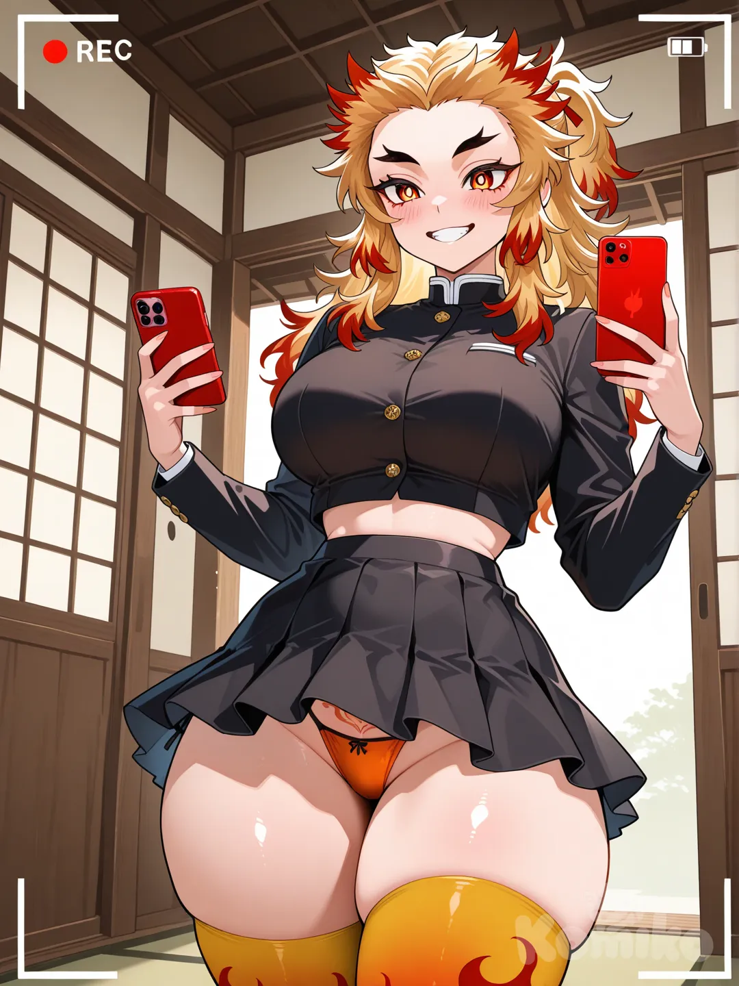 Rengoku Kyoujurou, female, smile, 1girl, blush, smile, large breasts, thick hips, thick thighs, narrow waist, black crop, orange bikini bottom only, black miniskirt, yellow thighhighs, grinning,standing , recording with phone, red phone, Japanese house, bottom of bikini visible under miniskirt, bright orange pubic tattoo visible under miniskirt
