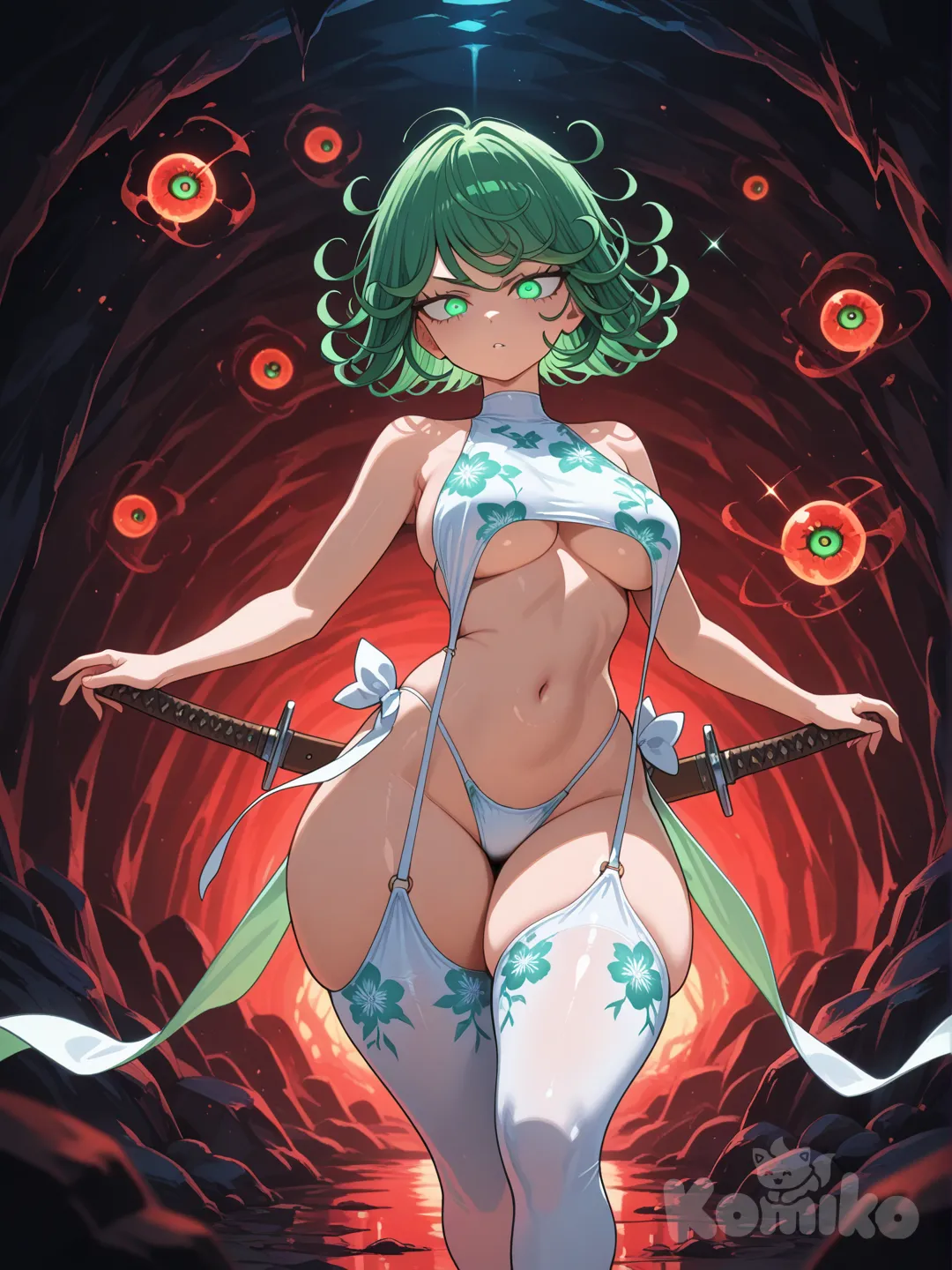 1 girl, an underground expedition, underboob, large breasts, thick thighs, floating balls of flame, and eyeballs, Darkness, fantastic lights, magical effects, eerie eyes glowing from the darkness, A look of mixed anxiety and anticipation,sharp focus, face focus, Delicate, Detail,Weapons, sheathed , character focus, depth of field, glowing particles, glowing, reflection, blue theme, red theme,whering green virgin destroyer , floral patterns in cloth, white bikini underneath, white thigh highs, green hair, short hair , Tatsumaki, dynamic pose, abstract elements,NSFW