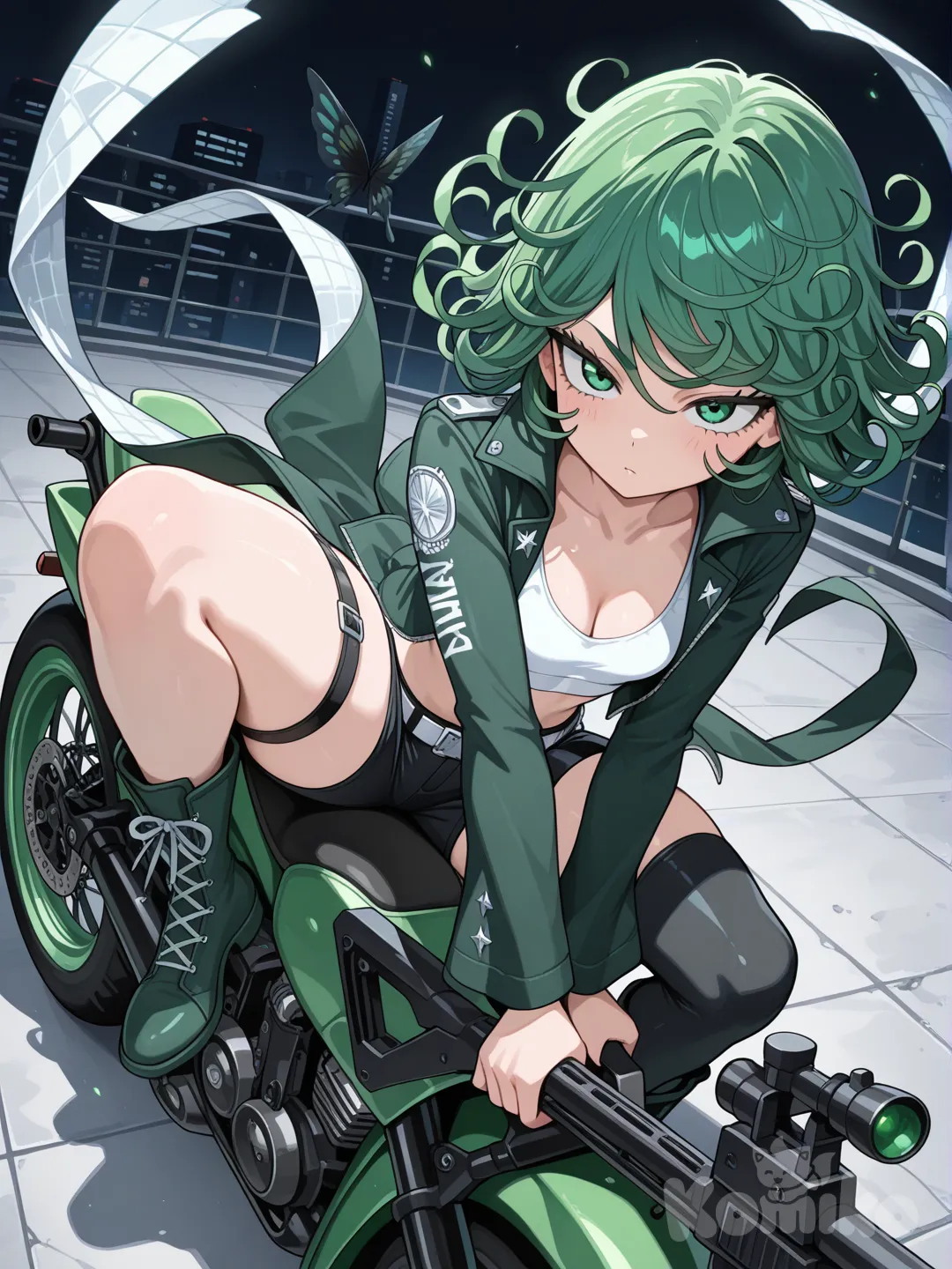 1girl, Tatsumaki , green hair, green jacket w/ random white sq, black shorts, white+green crop, (large square silver buckle), thigh strap, asym stockings, green boots, (Black butterfly ribbon), open neck, black sci-fi bike, White long Anti-Material Rifle