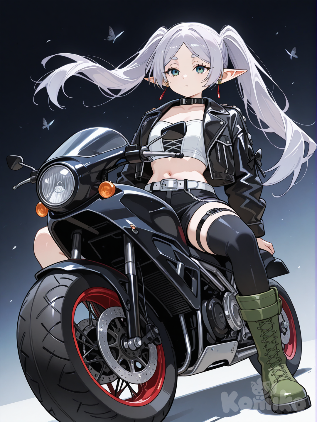 @Frieren , black jacket w/ random white sq, black shorts, white crop, (large square silver buckle), thigh strap, asym stockings, green boots, (Black butterfly ribbon), open neck, black sci-fi bike