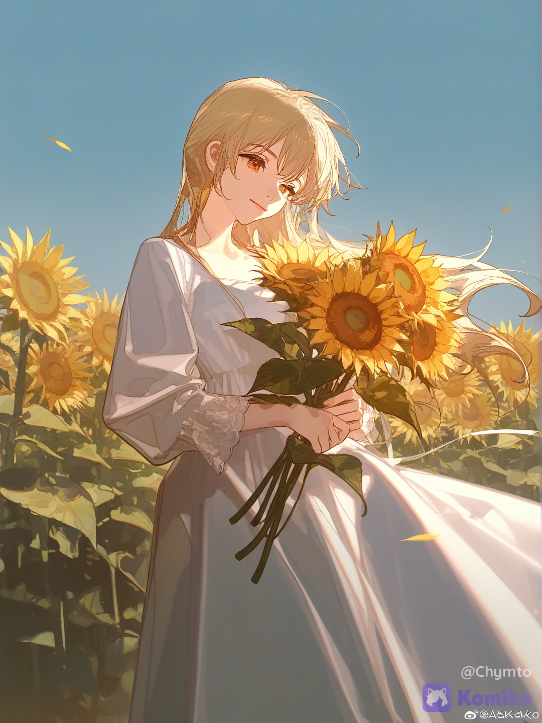 A girl, solo, blonde hair, radiant smile, long white dress, holding a bouquet of sunflowers, against a backdrop of a sunflower field, sunlight, and wind., [dazzling-illustration-style]