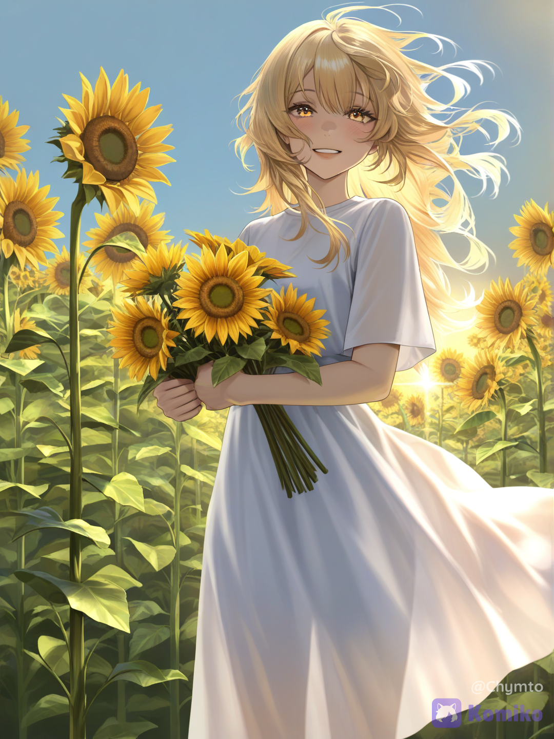 A girl, solo, blonde hair, radiant smile, long white dress, holding a bouquet of sunflowers, against a backdrop of a sunflower field, sunlight, and wind., [radiant-cg-style]