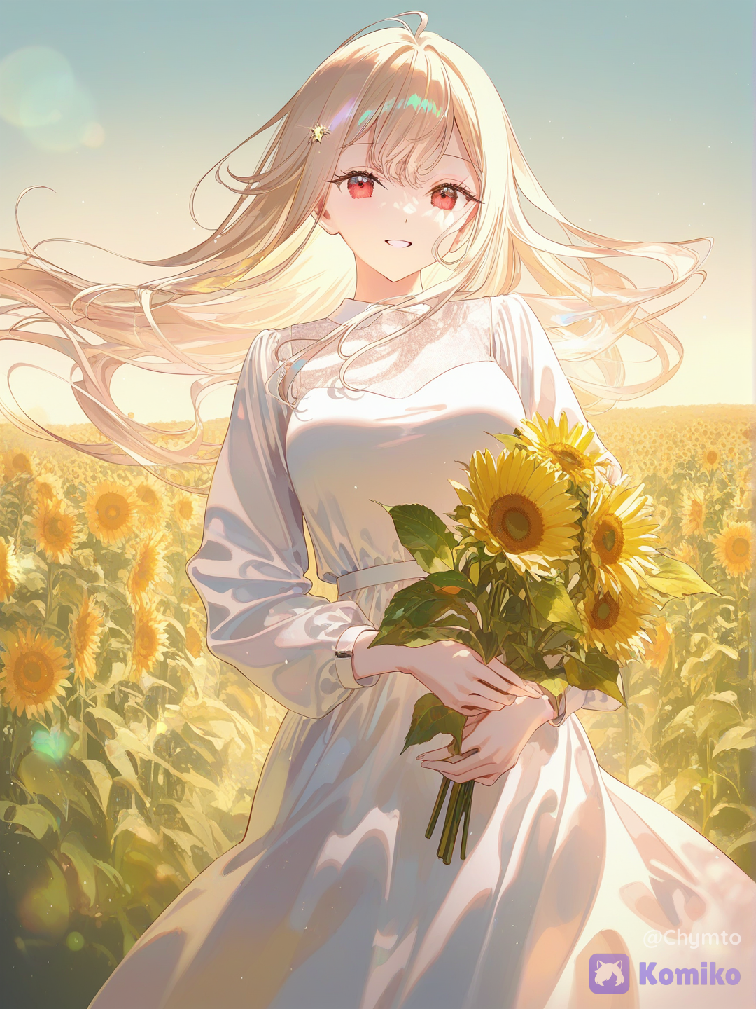 A girl, alone, blonde, with a radiant smile, wearing a long white dress, with a large bust, holding a bouquet of sunflowers, in a field of sunflowers, bathed in sunlight and wind., [iridescent-style]