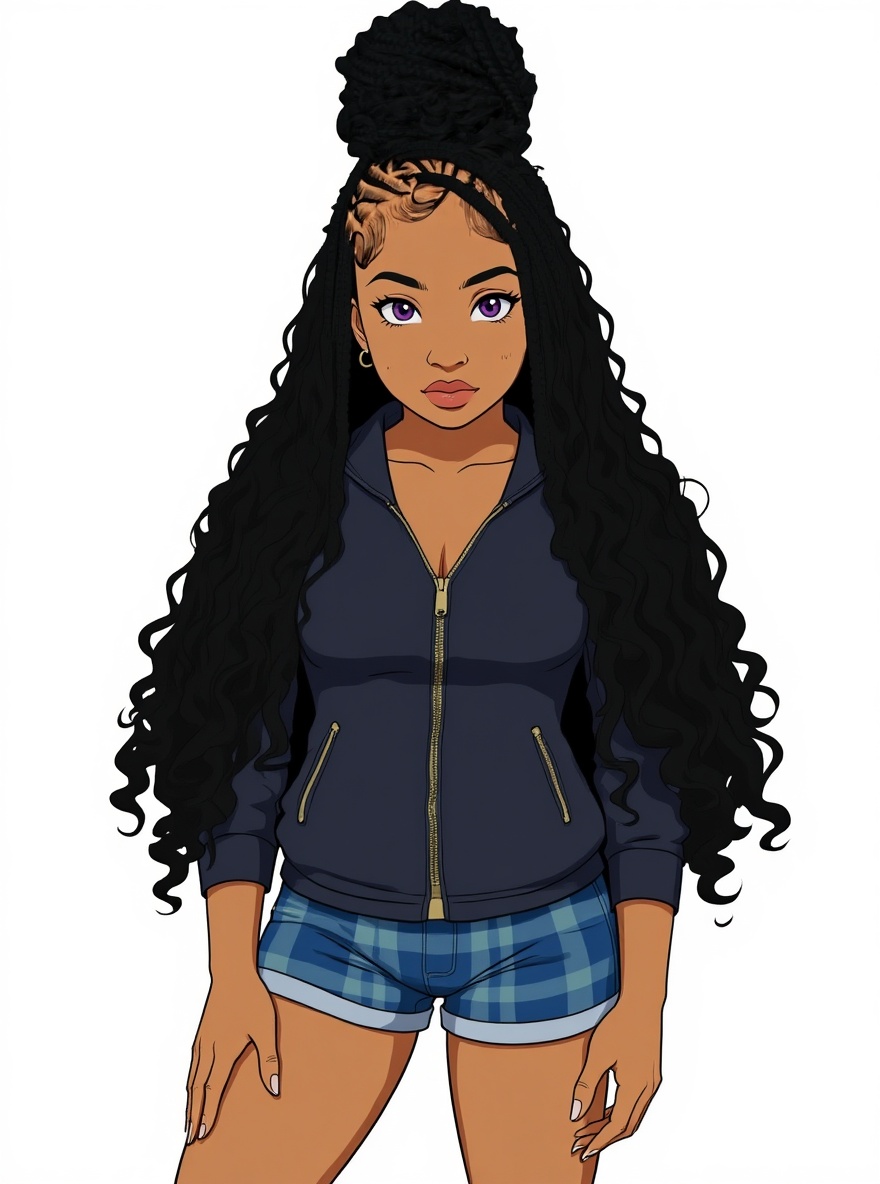 1girl, original character in the world of Naruto, Naruto style, mature, curvy, black hair, curly hair, purple eyes, freckles, olive skin, glasses, headband, corsage, plaid shirt, beach shorts, single character, full body, looking at viewer, anime style, simple background, white background