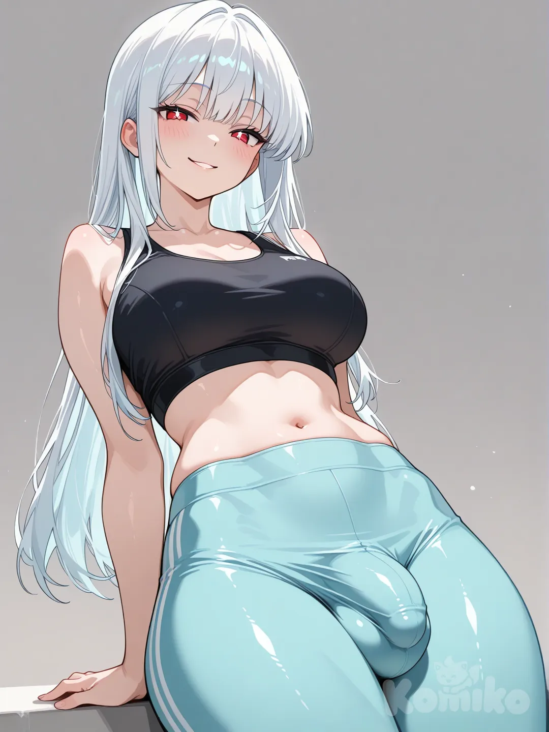 +18(ultra classic anime style), fictional adult character, 20 years old, futanari genre, solo. Long straight shiny white hair falling to the waist, large expressive crimson red eyes with subtle highlights. Wearing form-fitting modern sportswear – dark-colored sports top and elastic training pants. The outfit shows a stylized contour extending from the crotch area to the right knee, graphically and fictionally representing the male anatomical trait typical of the futanari genre, integrated consistently with the pants design. Smiling expression with a seductive yet respectful aura, looking directly at the viewer. Soft lighting with warm light touches that highlight clothing folds and hair details. Minimalist background with subtle geometric shapes in gray and light blue tones to emphasize the character. 9:16 aspect ratio, clean lines, vibrant colors typical of anime, character design consistent with futanari genre aesthetics in anime/manga fiction.