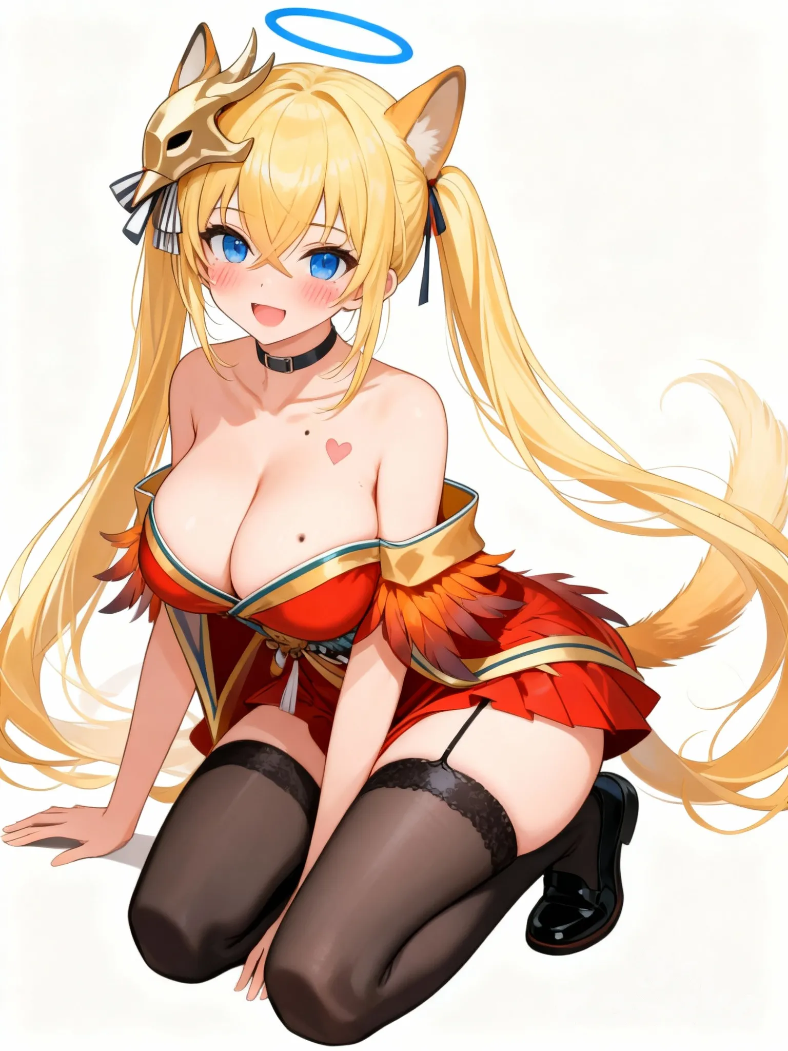 @Taihou_(Azur_Lane)animal_ears asuna_(blue_archive) black_socks blonde_hair blue_archive blue_eyes blue_halo bluebread_(artist) blush collar collarbone dog_ears dog_tail hair_ribbon halo heart_symbol large_breasts mole mole_on_breast oerba_yun_fang on_knees socks tail